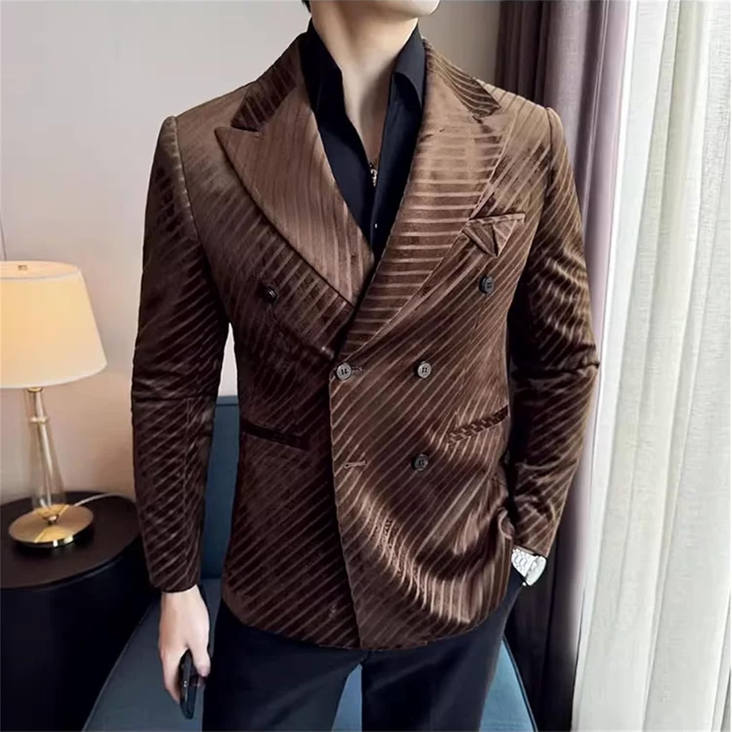 Men Velvet Suit Jacket Double-Breasted Striped Slim Fit Casual Coats Formal Business Tailcoat