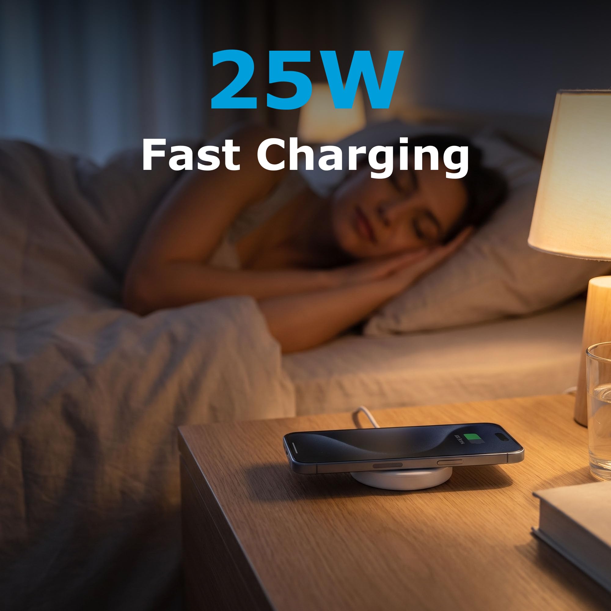 AT&T Pad di ricarica wireless magnetico da 25 W, caricabatterie wireless veloce certificato Qi2.2 con cavo adattivo integrato da 1,2 m, caricabatterie magnetico compatto per casa, ufficio e viaggi