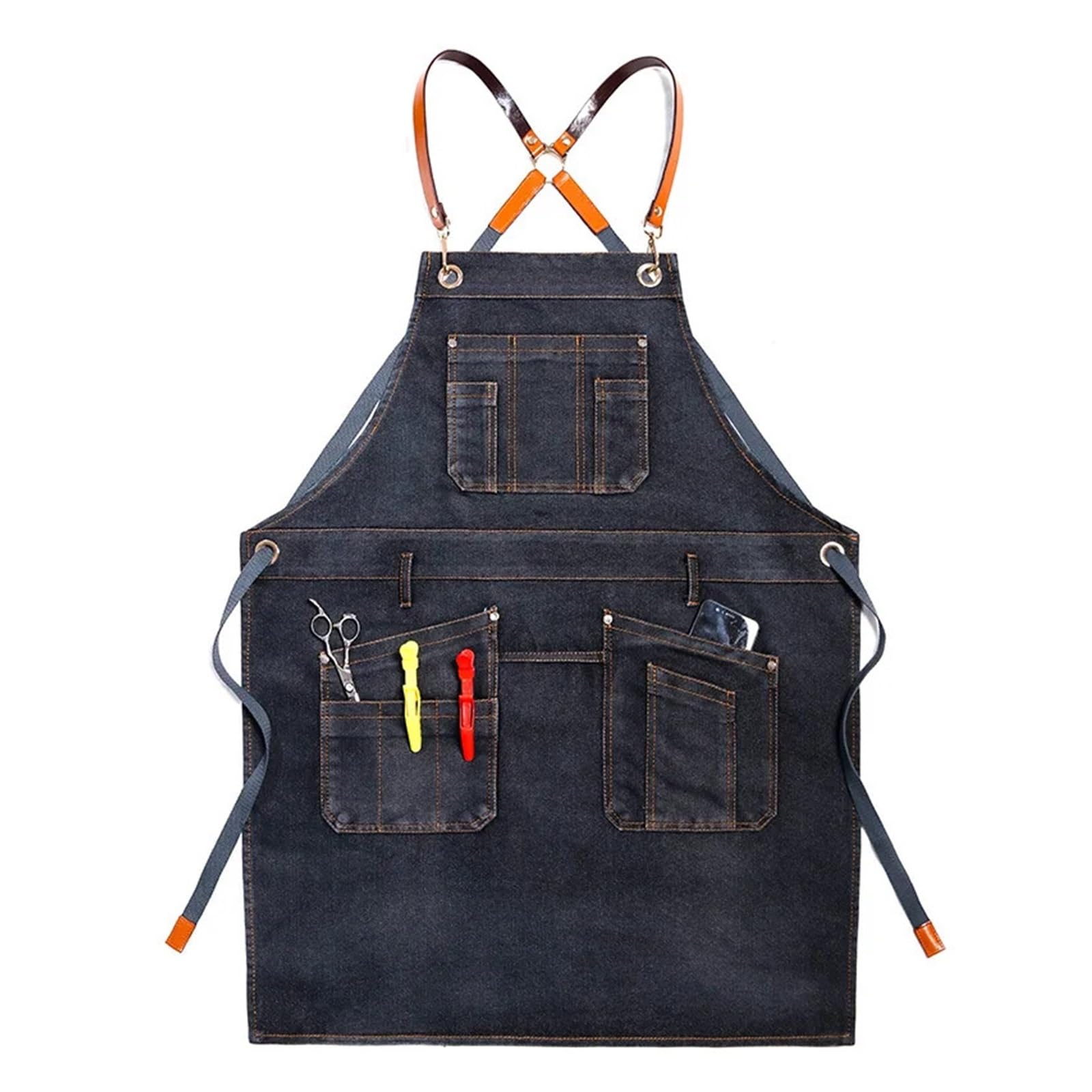 Genérico Grembiule da lavoro in denim, indumento unisex antimacchia con tasca inclinata retrò