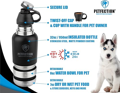 Miniatura 2 de PETFECTION Botella de agua de viaje portátil 3 en 1 para perros con dos cuencos de agua y comida desmontables, dispensador de botellas de agua de