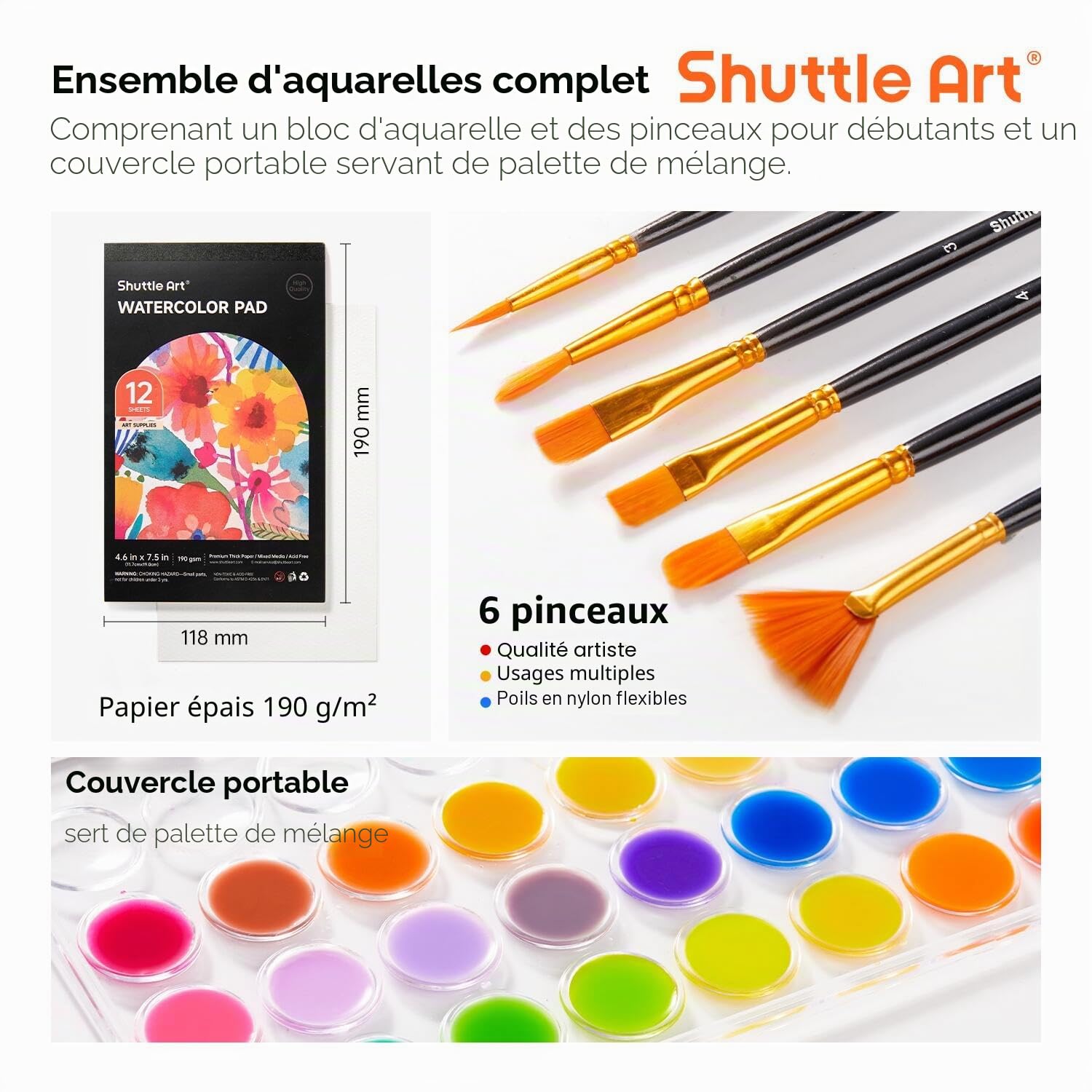 Shuttle Art Aquarelle Peinture, 36 Couleurs Set de Peinture Aquarelle avec 6 Pinceaux et 1 Bloc