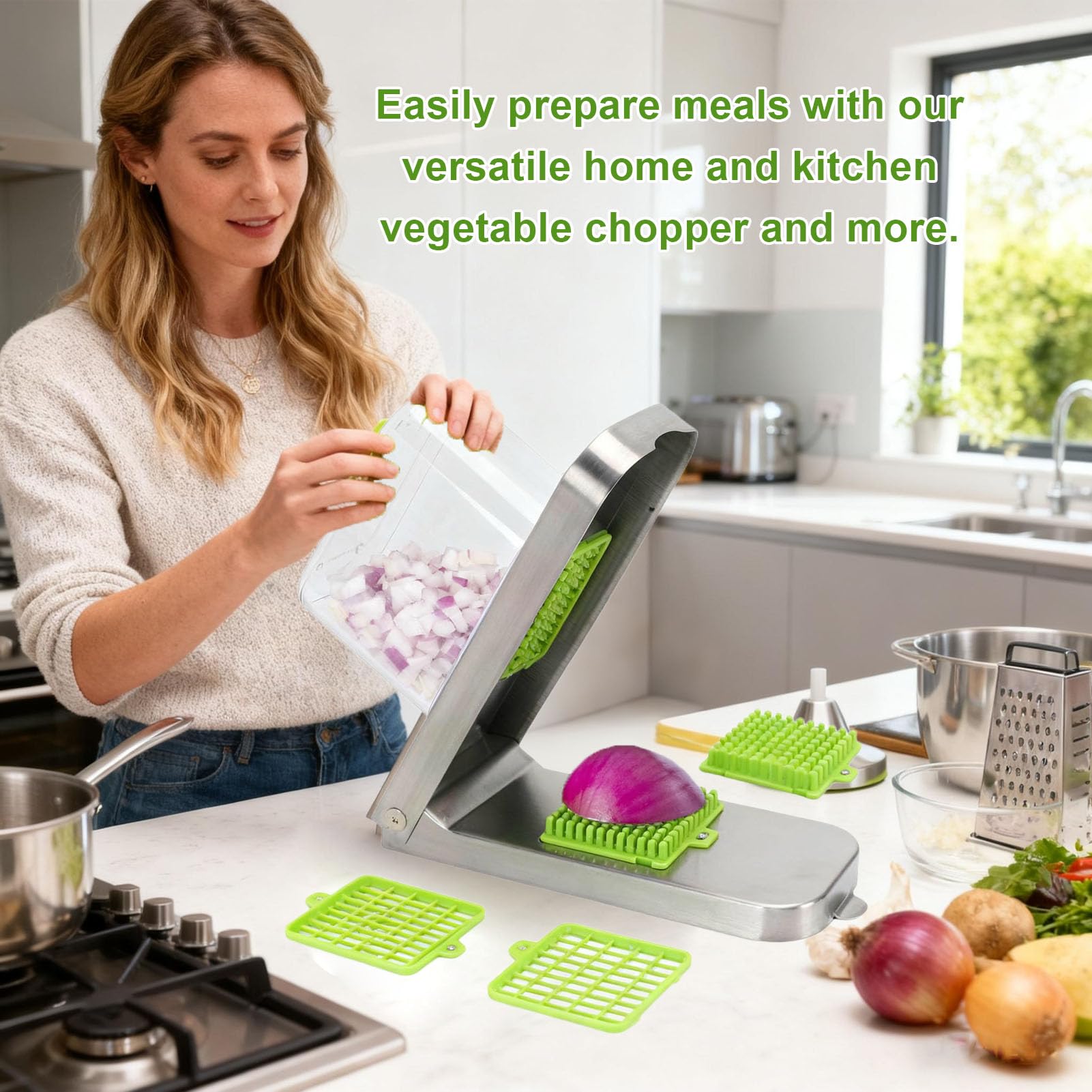 Focket Picadora de Verduras, Picadora Manual de Alimentos con Recipiente y Cuchillas de Acero Inoxidable, Rebanadora y Cortadora de Mandolina, para Ensalada, Papa, Zanahoria Ajo