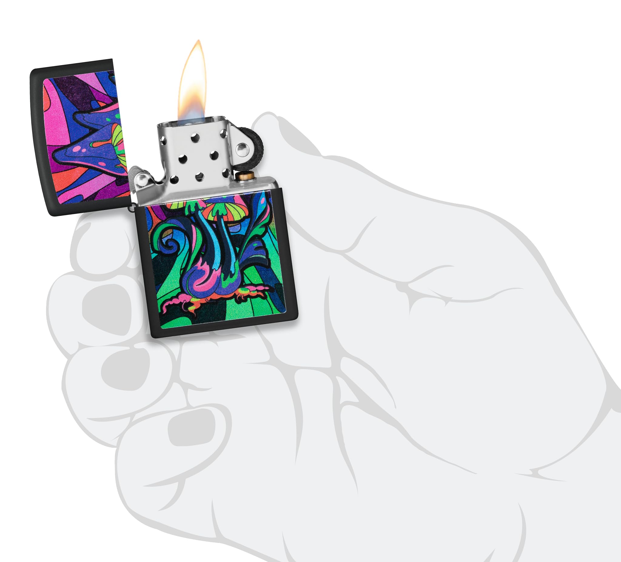 Zippo - Briquet Tempête Motif Champignons Psychédéliques Et Galaxie/Contre-Culture, Noir Mat, Lumière Noire, Rechargeable, Réutilisable, Coupe-Vent, Coffret Cadeau, Fabriqué Aux États-Unis