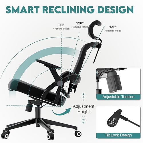 Miniatura 53 de Silla de oficina ergonómica, silla de escritorio ajustable de malla resistente con ruedas, reposabrazos y soporte lumbar, cómoda silla para oficina