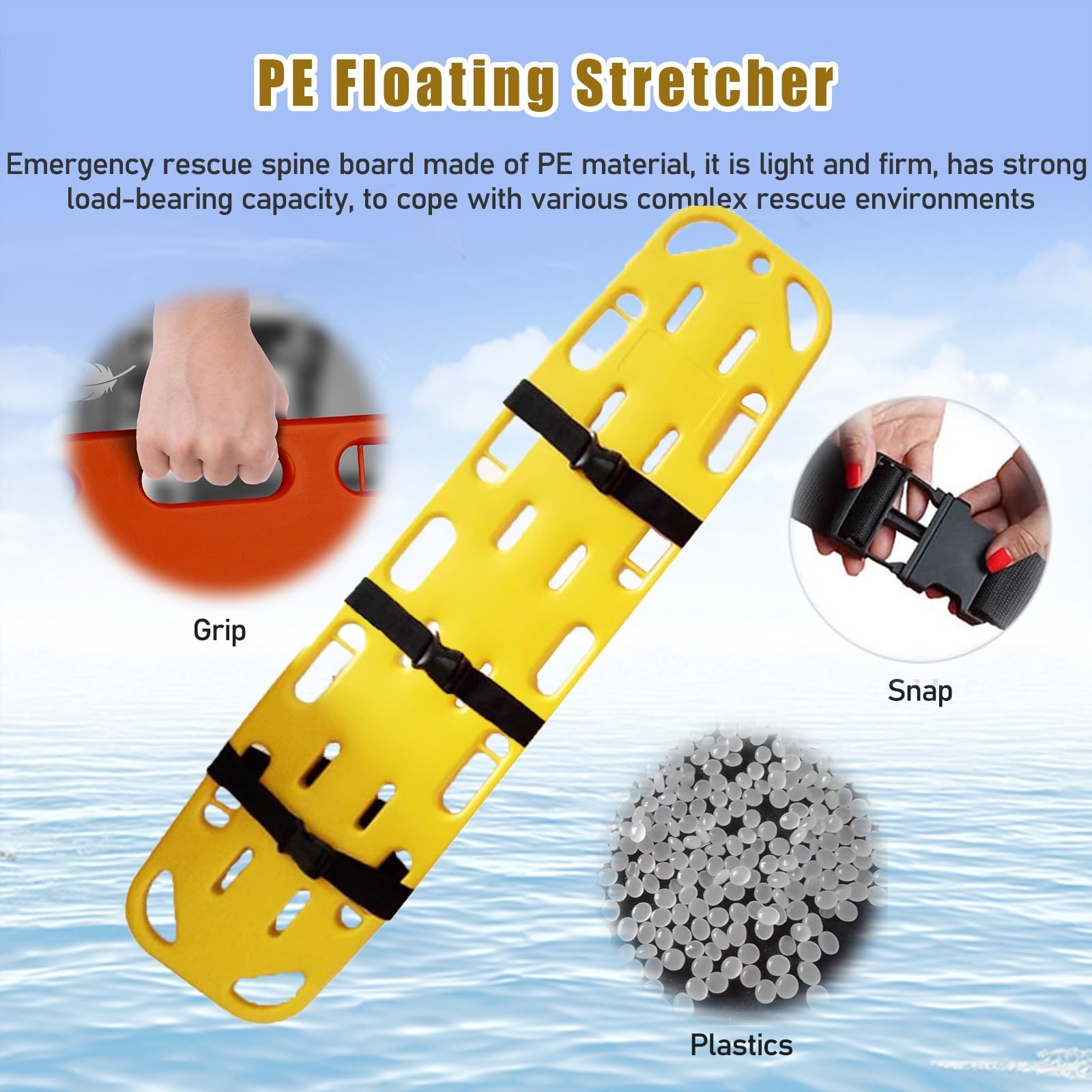 HAIXHX Spineboards Tragbares Schwimmbad-Rettungsbrett, Notfallrettungsbrett Mit 3 Sitzgurten, Wasser Schwimmende Krankentrage First Responder Backboard(184x45x6.5cm/72.5x17.7x2.6in)