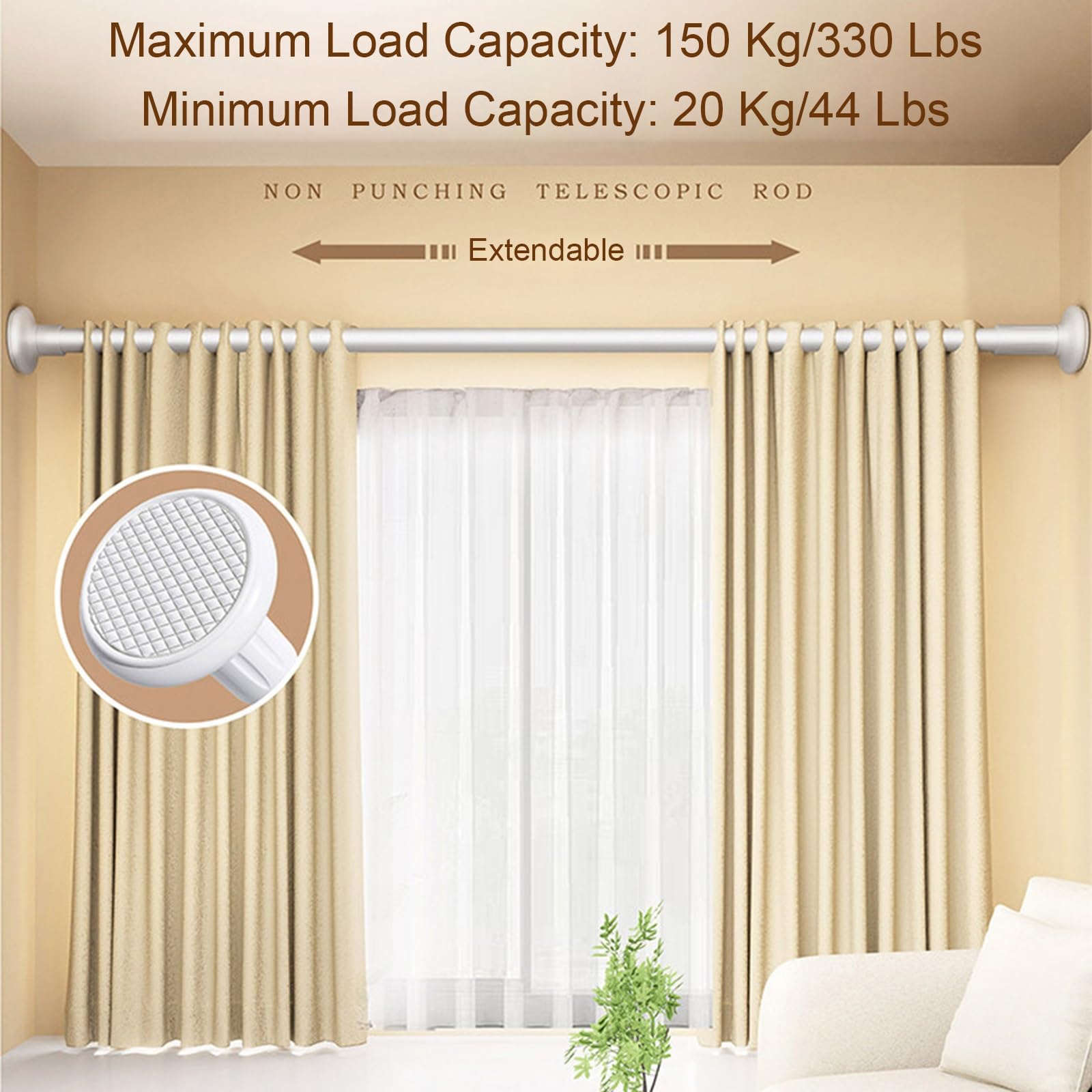 Vorhangstange Klemmstange Verstellbar, 35 bis 270 cm, Bohrfrei, Ausziehbar, Gardinenstange Ohne Bohren für Fenster, Türen, Kleiderschränke und Raumteiler(White,70-110cm/28-43in)