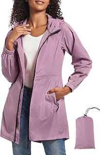 SaphiRose Women's Long Packable Waterproof Raincoat - Lightweight Hooded Rain Jacket Windbreaker for Hiking & Travel