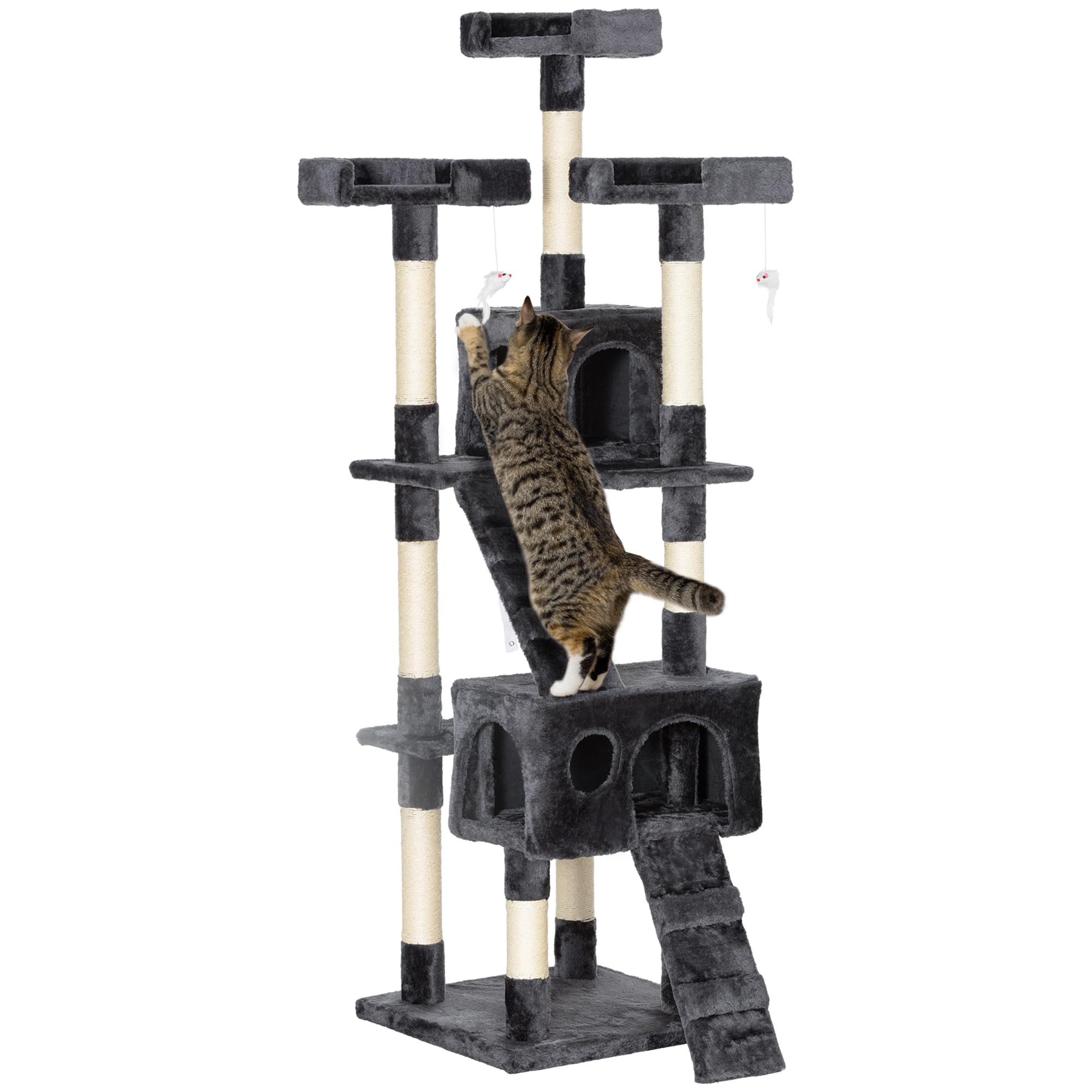 PawHut Albero Tiragraffi per Gatti con 3 Posatoi, 49x49x173 cm Grigio | 2 Casette e Giochi Appesi, Torre per Gatti, in Truciolato e Peluche