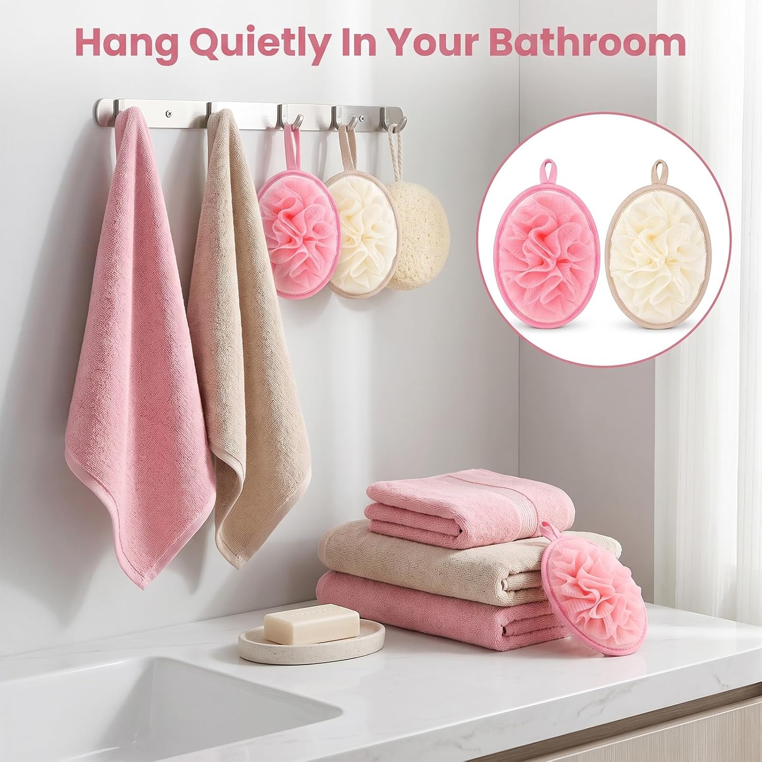 2Pcs Travel Size Loofah, Shower Puff with Elastic Hand Strap