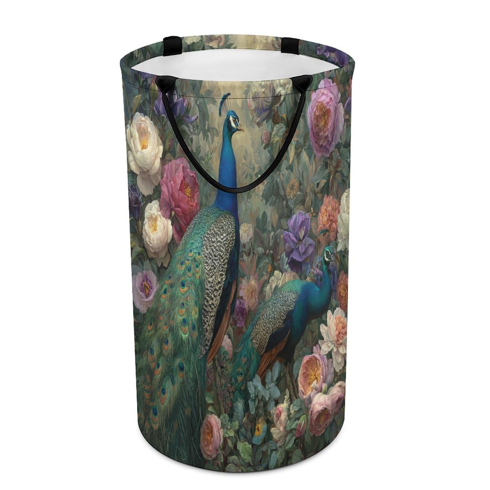 LUYYSKY Vintage Classic Elegant Peacock Versatile Storage Laundry Basket, Retro Watercolor Spring Garden Rose Flowers Animal Peacock Large Capacity Bathroom Hamper With Handle
