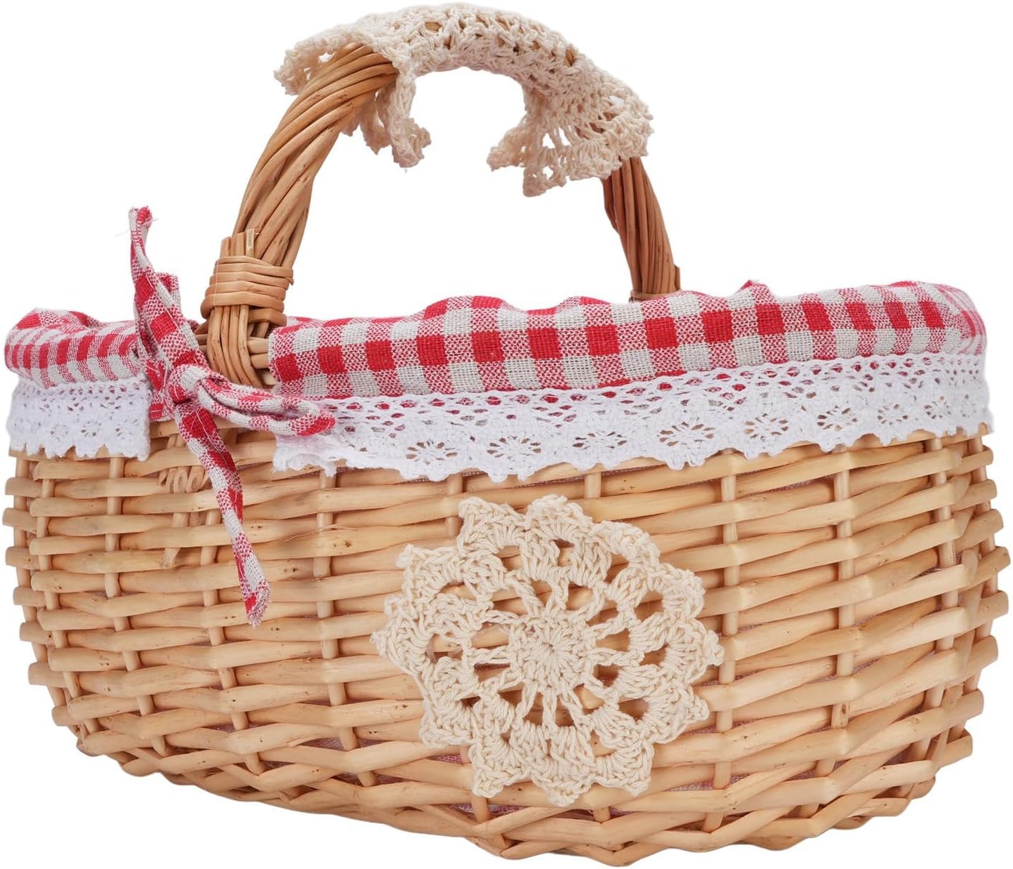 SIXRUN Wicker Picnic Basket, Handwoven with Removable Linen Cotton Lining and Rounded Handle, Spacious Design for Outdoor Camping, picnics, Family Gatherings (Red Plaid)