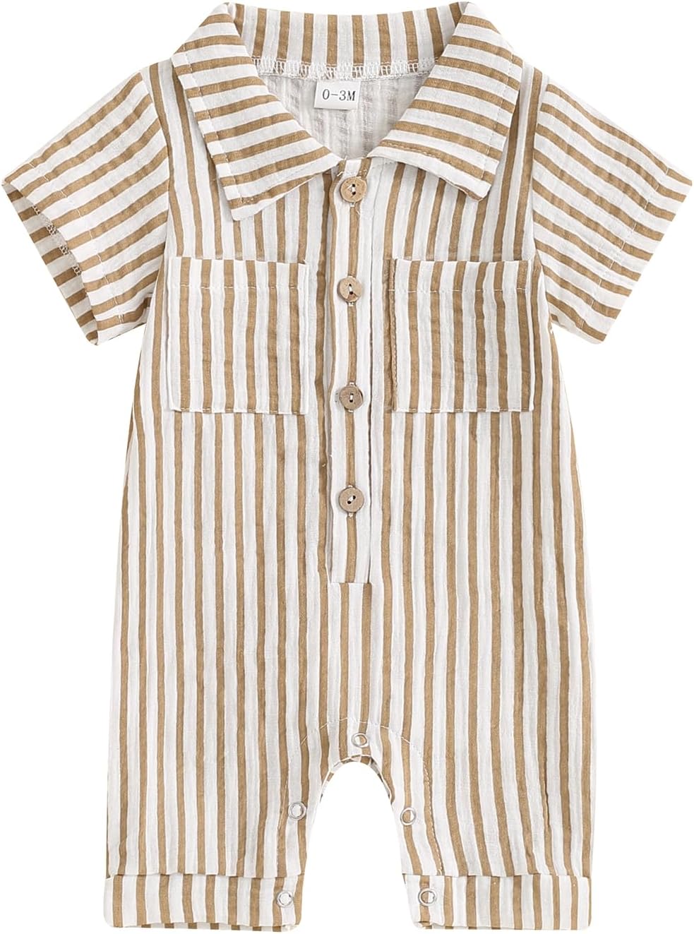 Baby Boy Vertical Striped Romper with Pockets One Piece Lapel Neck Short Sleeve Buttons Jumpsuit Spring Summer