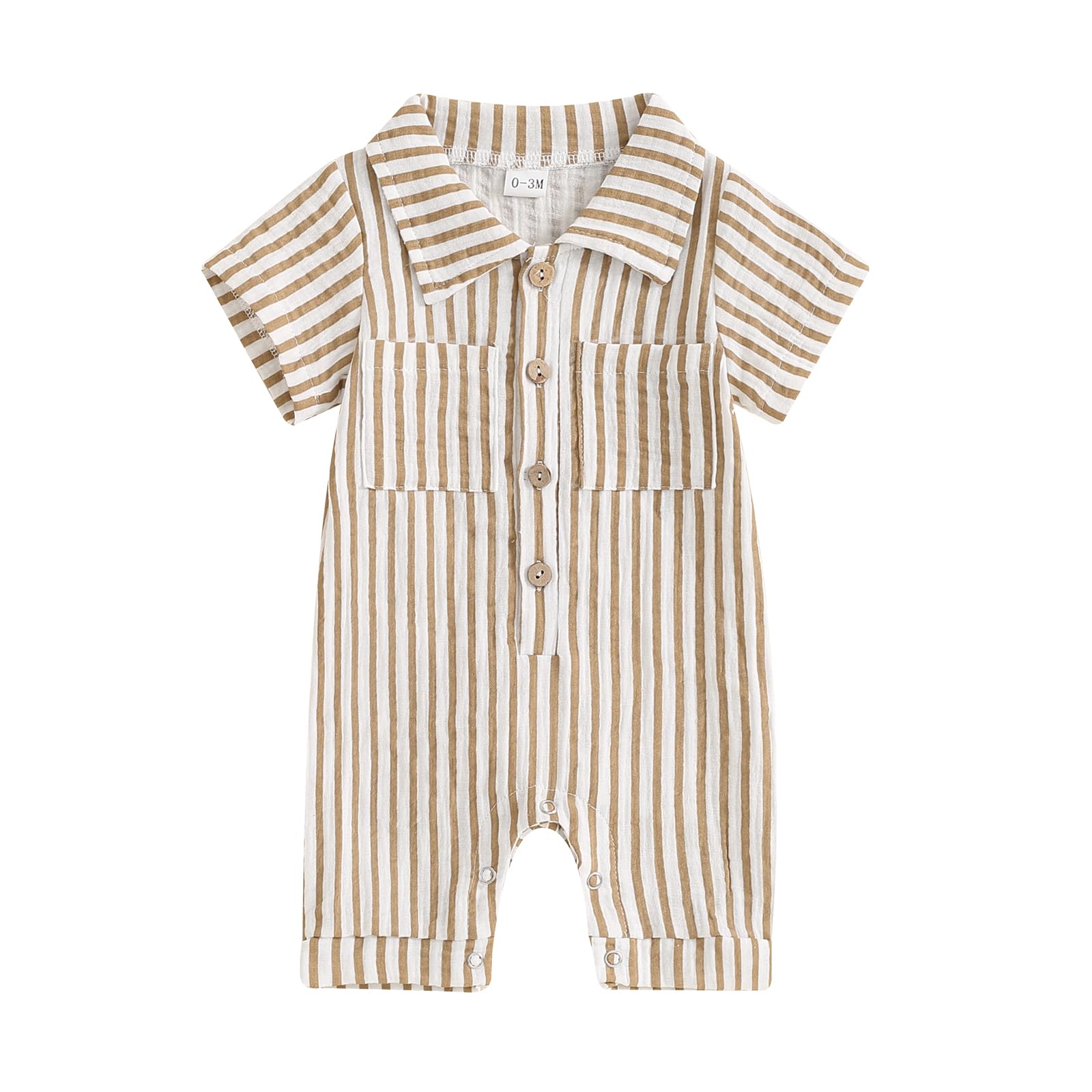 niceclould Baby Boy Vertical Striped Romper with Pockets One Piece Lapel Neck Short Sleeve Buttons Jumpsuit Spring Summer