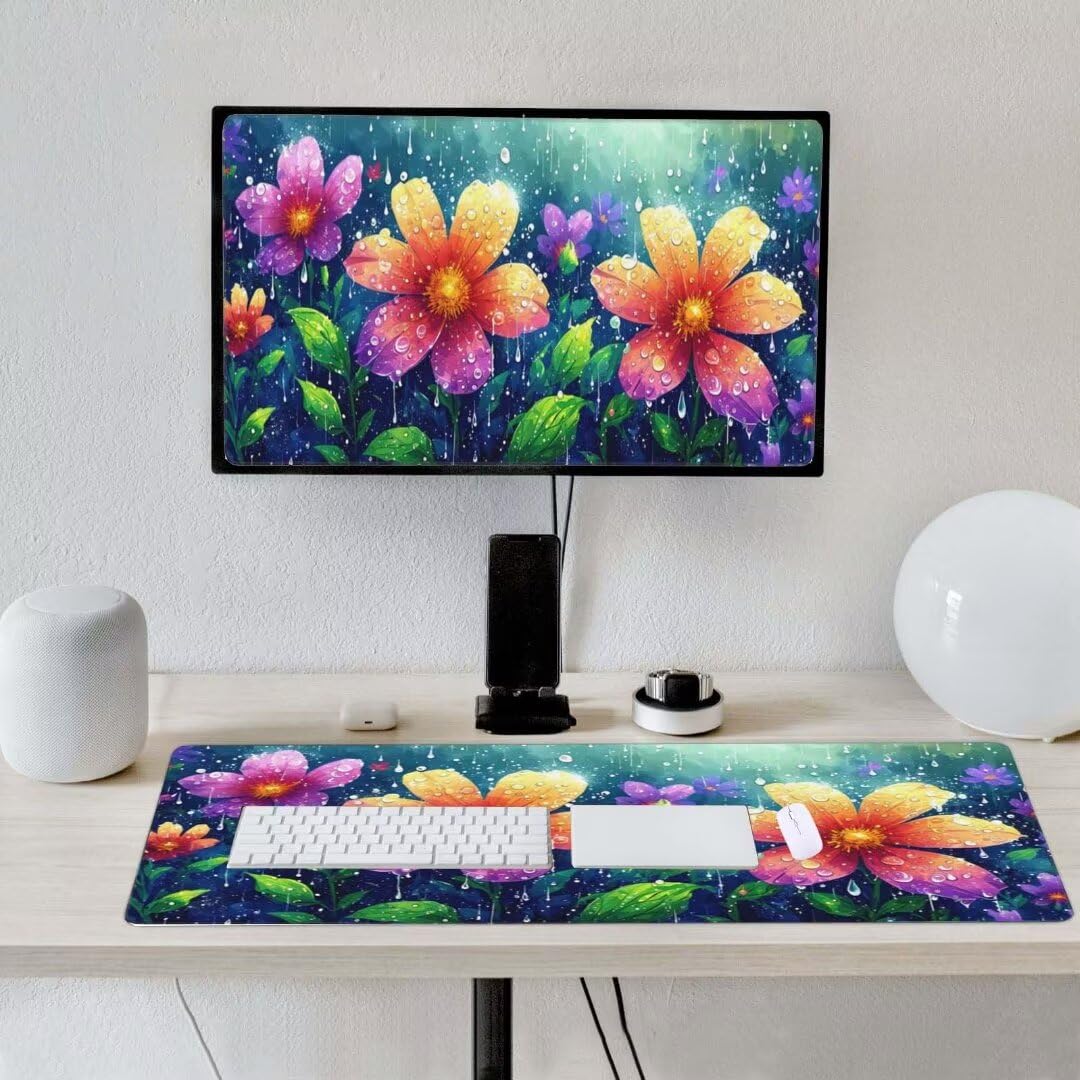 Alfombrilla de ratón 1400x600x3 MM, Alfombrilla Ratón XXL Extendida de Gran Tamaño con Bordes Cosidos, Base de Goma Antideslizante Almohadilla para Teclado, Flores después de la lluvia S-12233