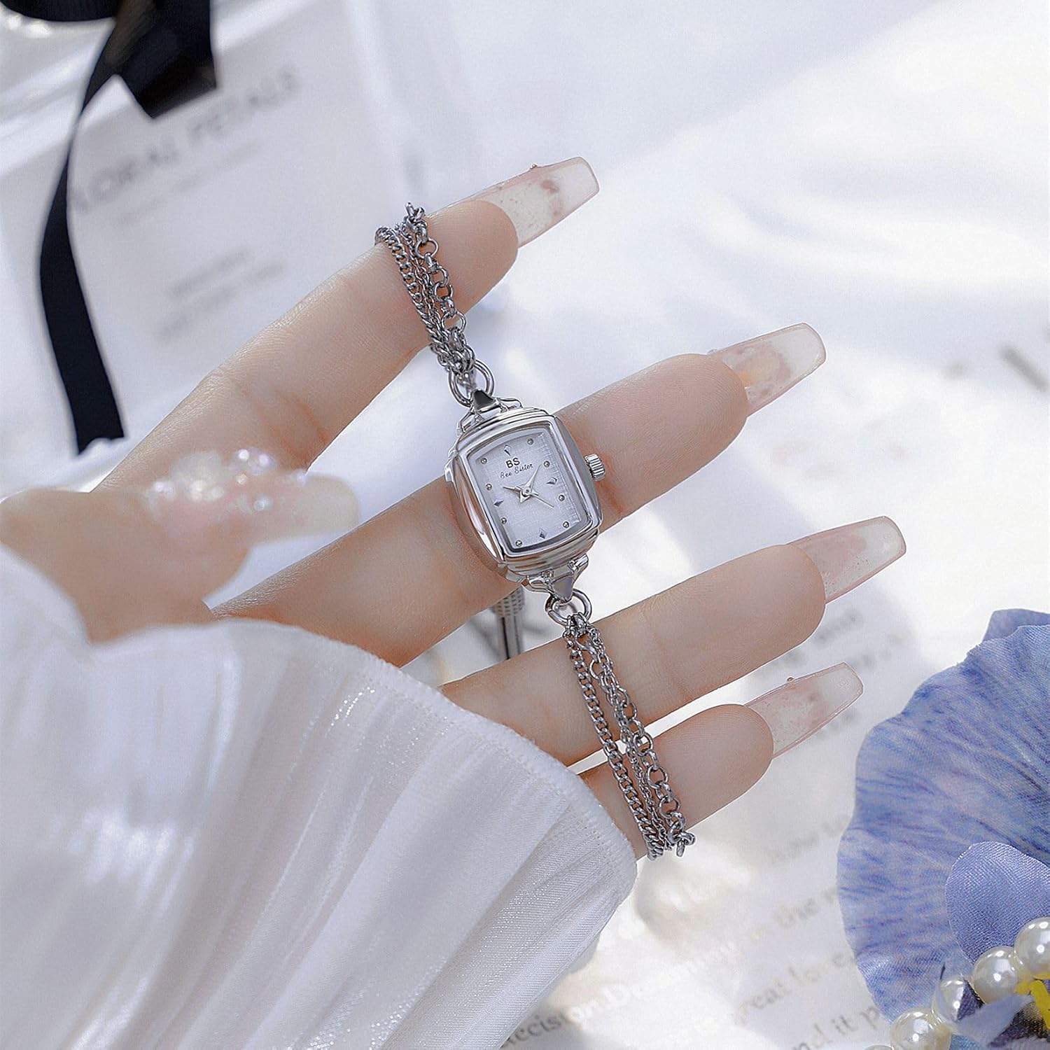 Womens Dainty Silver Gold Silver Rectangle Pearl Dial Tassel Chain Ultra Thin Waterproof Quartz Watch Ladies Dress Casual Elegant Analog Wristwatch Bracelet - Image 3