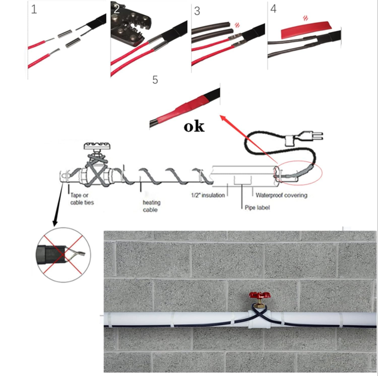 1~20 Meter 12V 24V 36V 48V DC Selbstregulierendes Rohrheizkabel Niederspannungs-Wärmeleitungskabel for Frostschutz 6(48v,8 meters)
