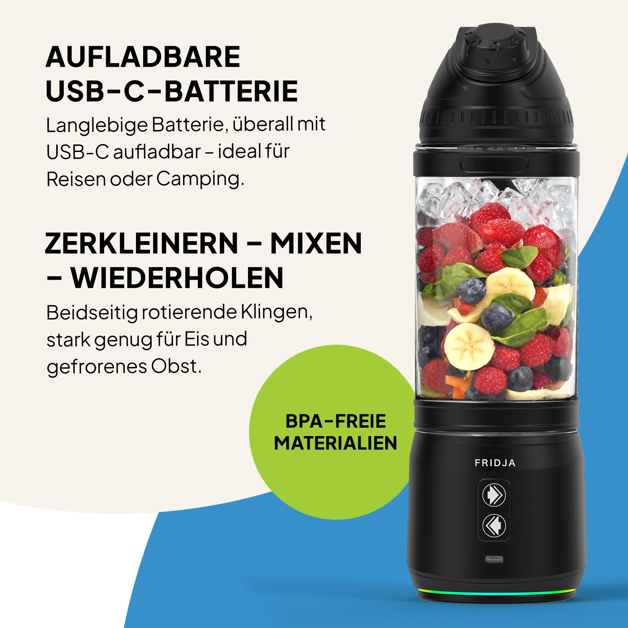 Fridja F500 Tragbarer Mixer – Premium USB-C wiederaufladbar, auslaufsicher & kompakt – BPA-frei, 6 gezackte Edelstahl-Klingen, 240W, 700 ml – Ideal für Smoothies, Proteinshakes, Reisen & Fitnessstudio