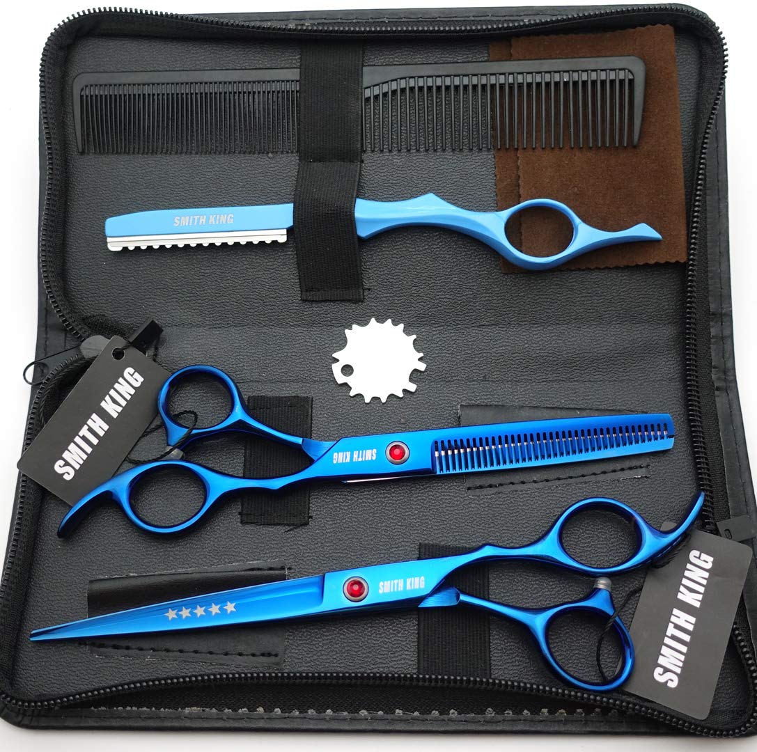 Jeu de ciseaux à cheveux de 7,0 pouces Ciseaux de coupe de cheveux et ciseaux à effiler avec des peignes de rasoir dans 1 ensemble (bleu)