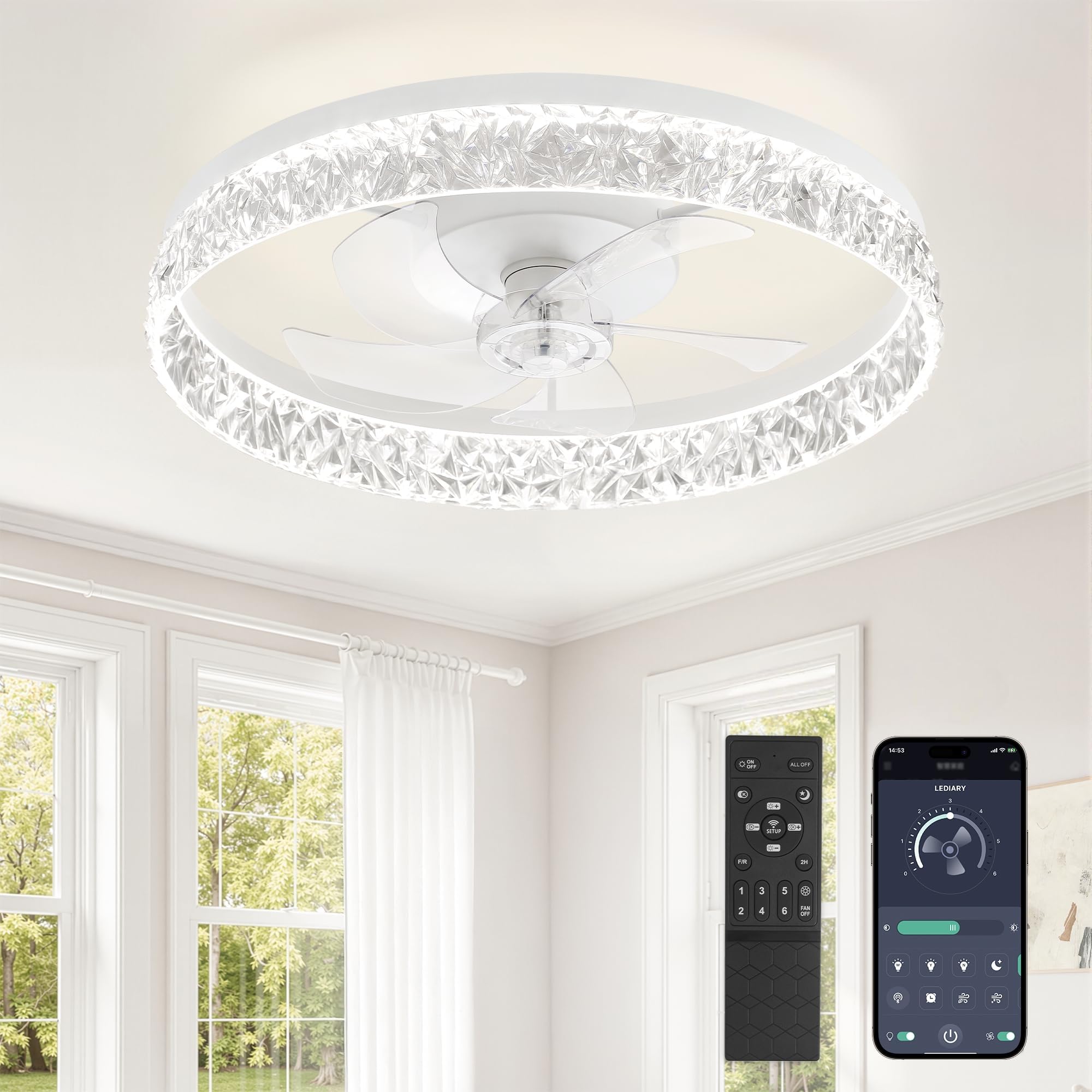 LEDIARY 22 Inch Ceiling Fans with Lights and Remote, Fandelier Low Profile Ceiling Fan, 3000K-6000K Dimmable Flush Mount LED Fan Light, White Modern Ceiling Fans with Lights for Bedroom