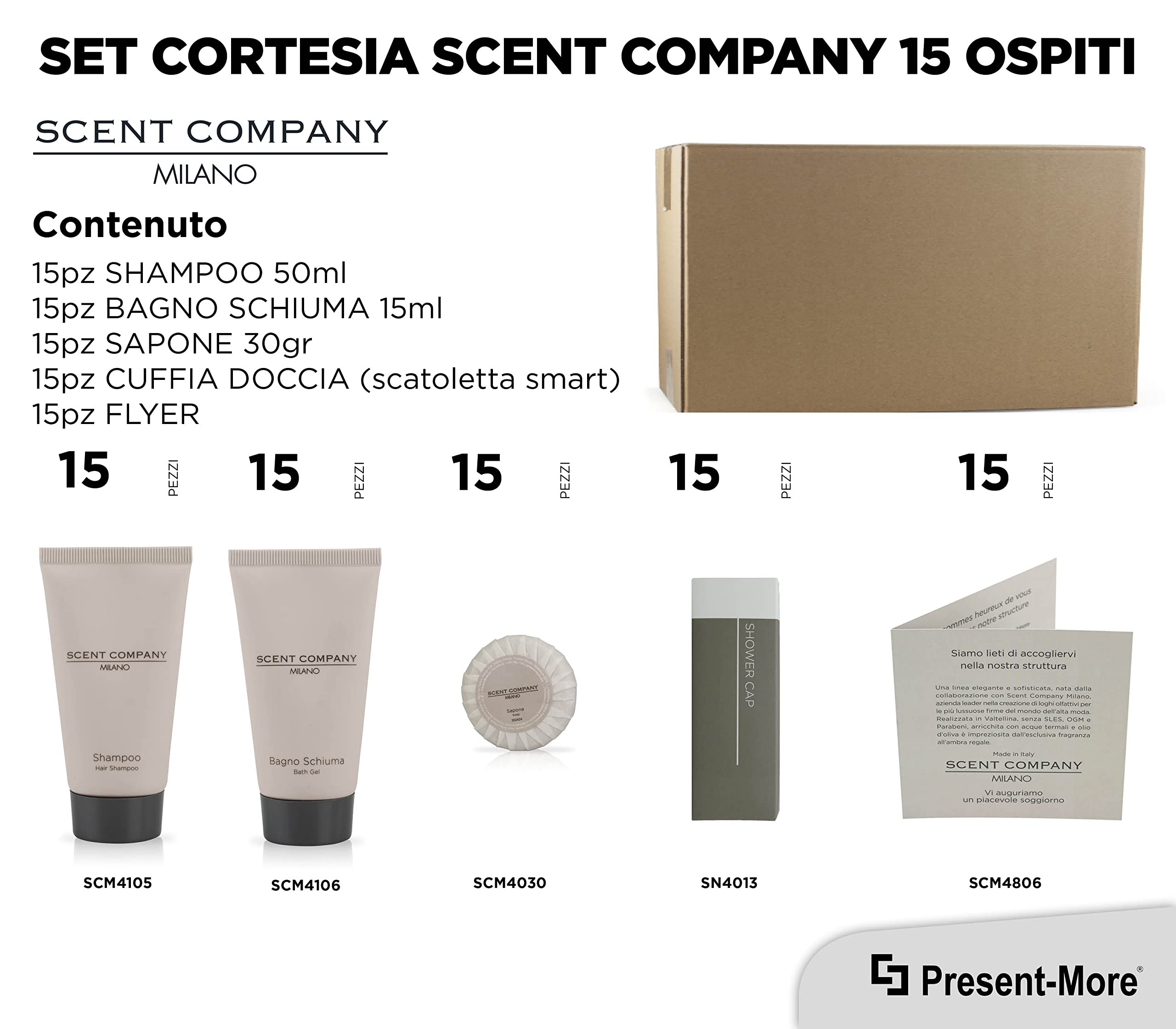 PRESENT-MORE - Set Cortesia 15 Ospiti Scent Company Milano | Fragranza Ambra Regale - Shampoo, Gel Doccia, Sapone e Cuffia - Made in Italy - Per Hotel e B&B