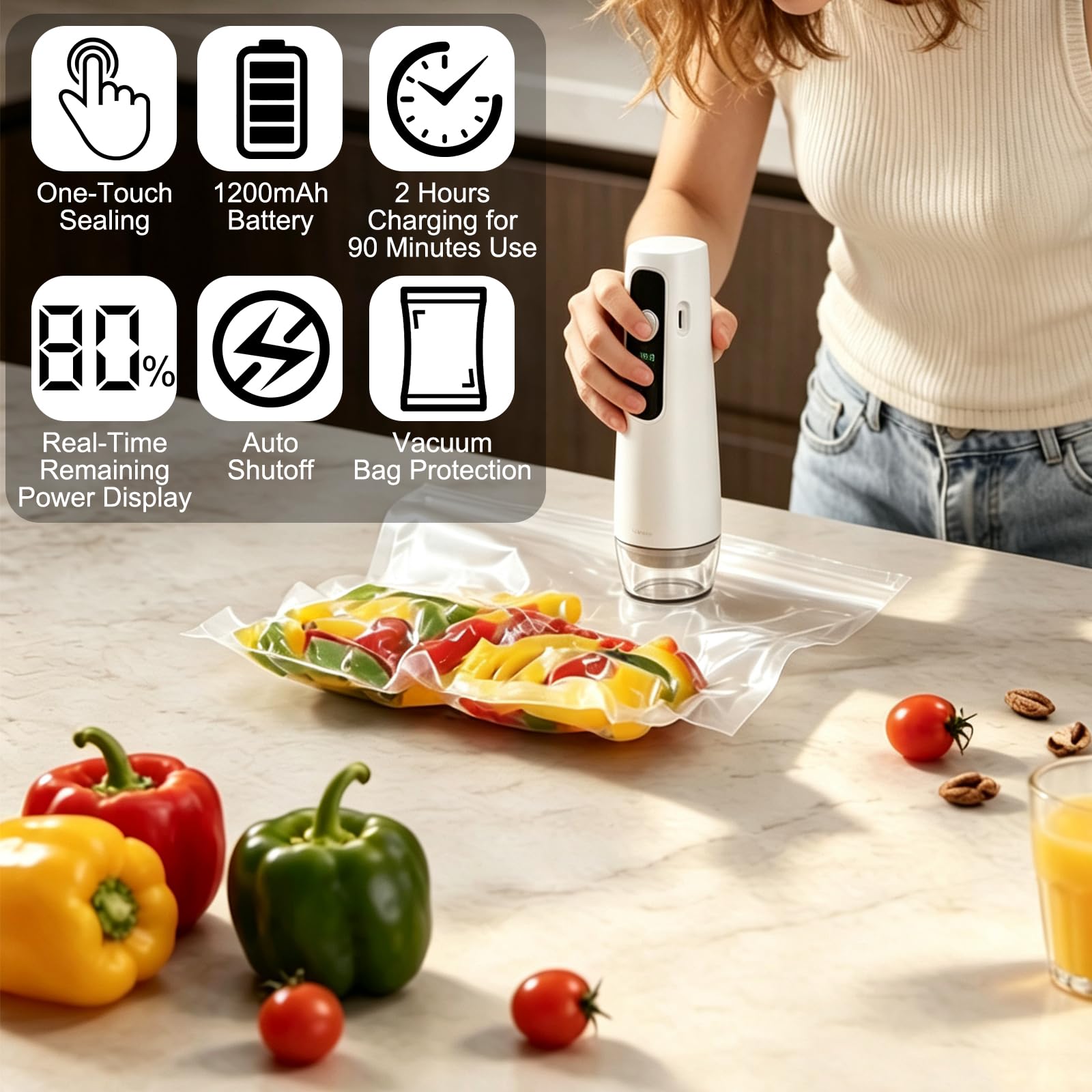 Selladora al Vacío Manual Compacta Portátil con 20 Bolsas | Mini Sellador de Vacío con Colector de Jugos y Líquidos, Inalámbrica y Recargable USB-C para Viajes, Oficina