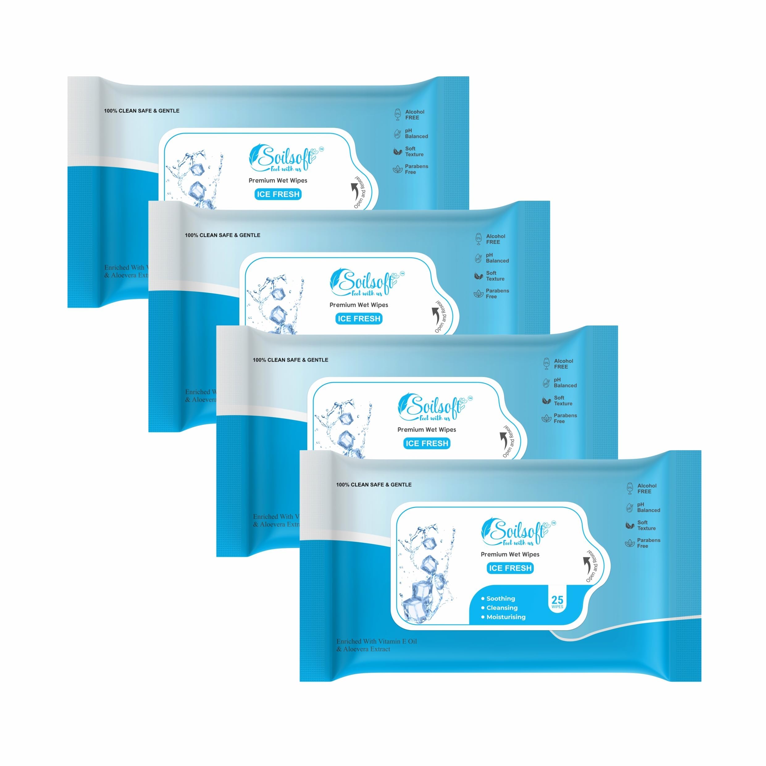 Soilsoft Ice Fresh Wet Wipes 25 Sheets | Alcohol Free Soft Cleansing Wipes with Aloe Vera & Vitamin E | Cooling Refreshing Wet Tissue (PACK OF 4)-image-13