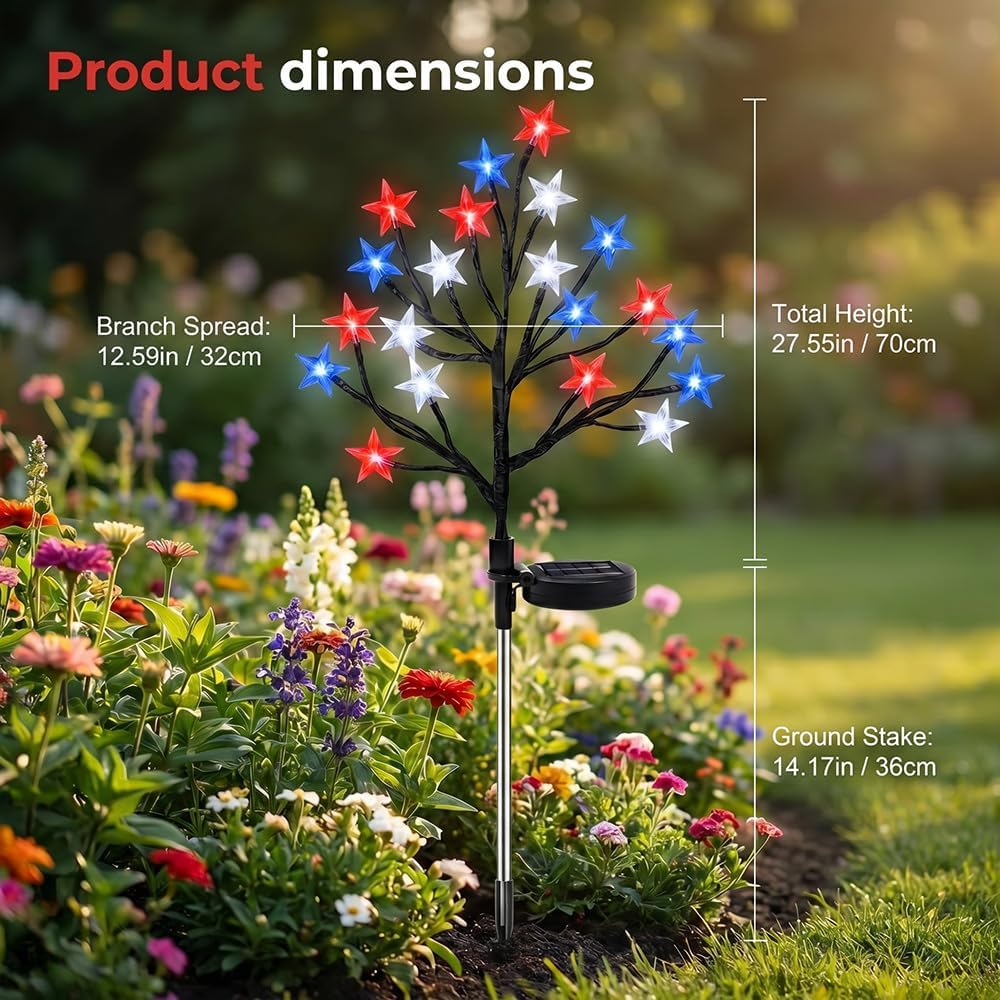 Solar American Flag Star Pathway Stake Lights, Red White Blue Patriotic LED Lights, IP65 Waterproof Outdoor Garden Decor for 4th of July, Memorial Day & Independence Day (1 Set)