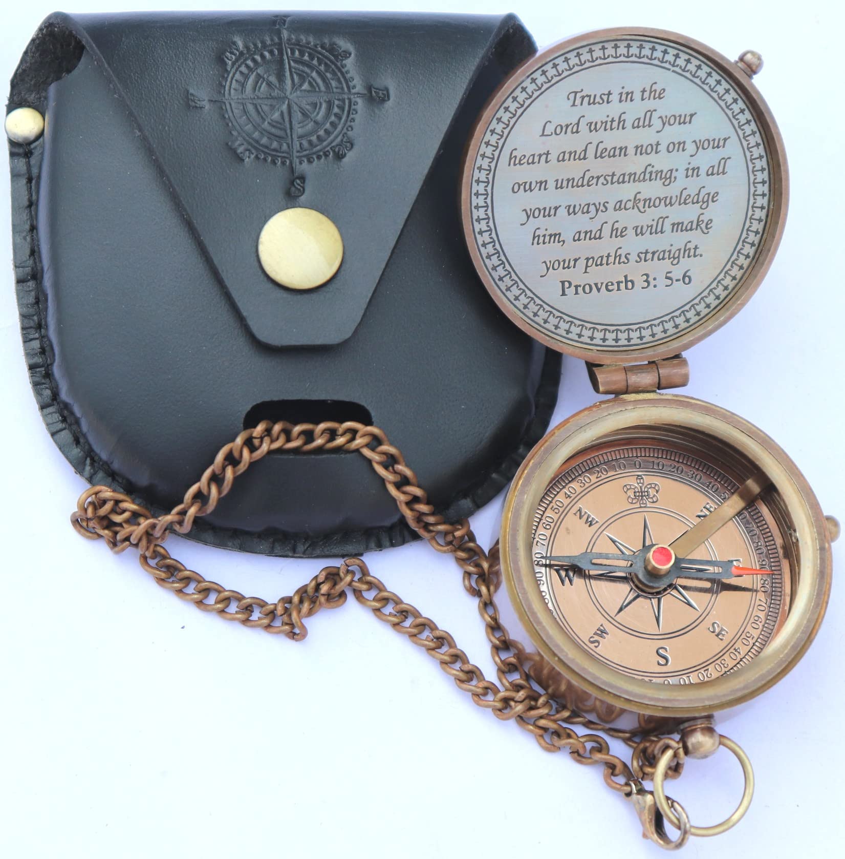 MADSNIIB Brújula de latón grabada para dirección, camping, senderismo, brújula portátil con cadena y funda de cuero, regalo religioso, idea de regalo misionero antiguo hecho a mano, confianza en el