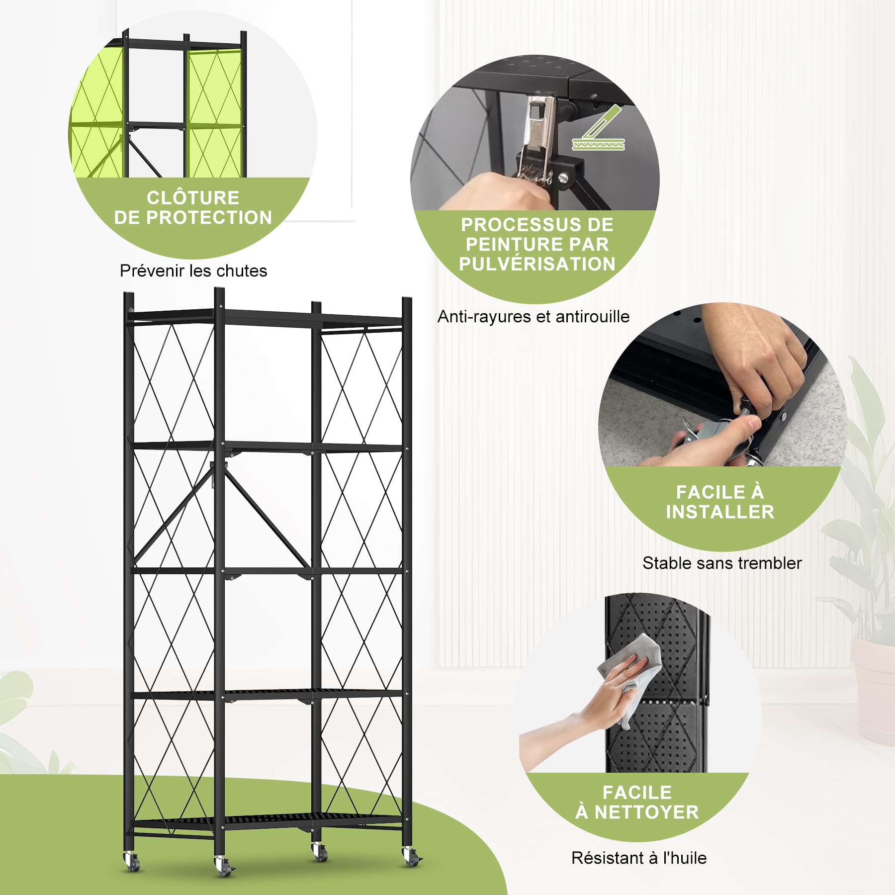 Étagère de Rangement Pliable à 5 étages, Cadre métallique Solide avec roulettes, Facile à Installer, Meuble de Rangement pour Garage, Salon, Chambre à Coucher, Cuisine, 71x34x159cm, Noir