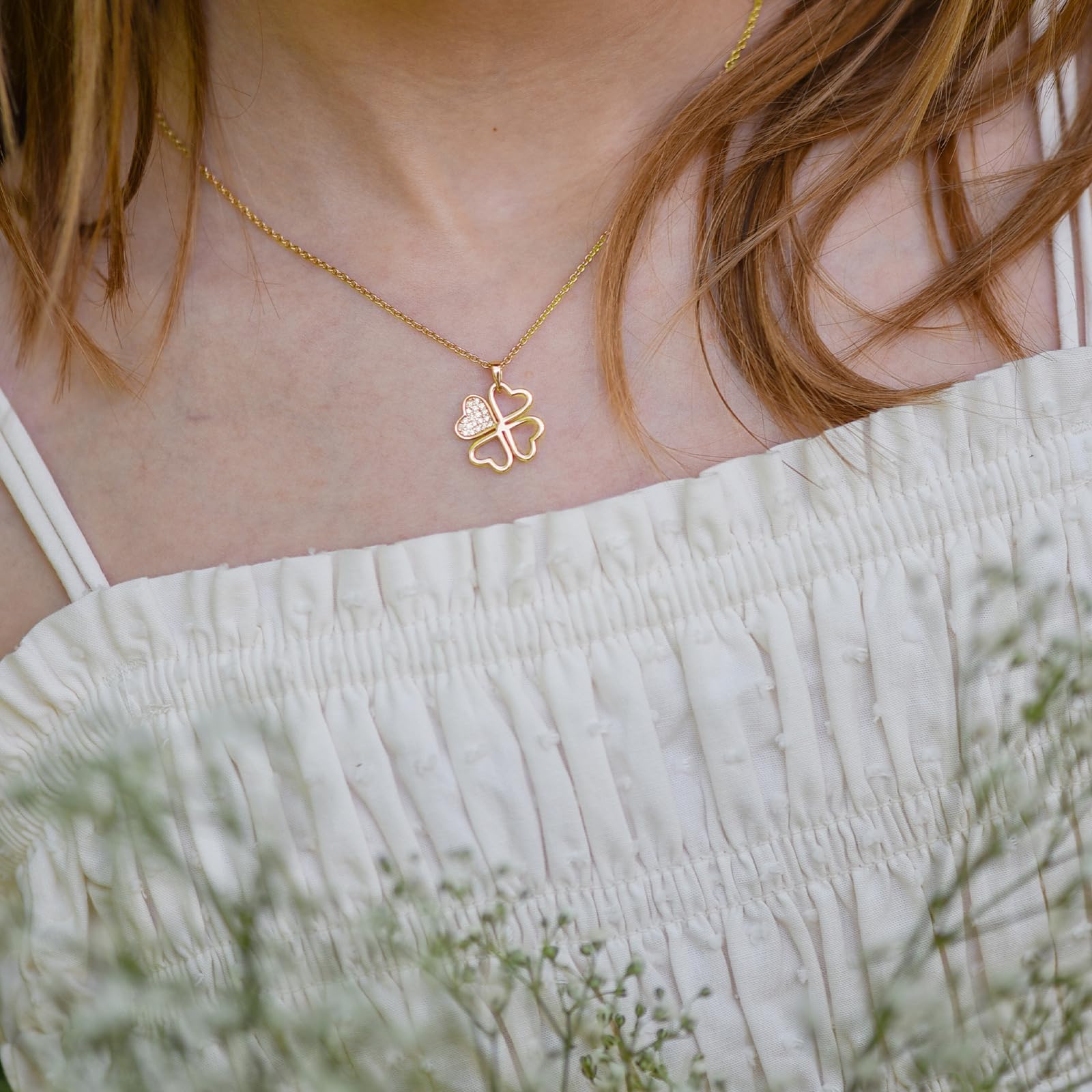Amoonìc Kleeblatt Kette Mädchen Silber 925 und Gold/Rosegold vergoldet | Glücksbringer Kinder Anhänger Glückskette Halskette Glück Herz, Kinderkette Schmuck Kinderschmuck Geschenk Geburtstag Tochter