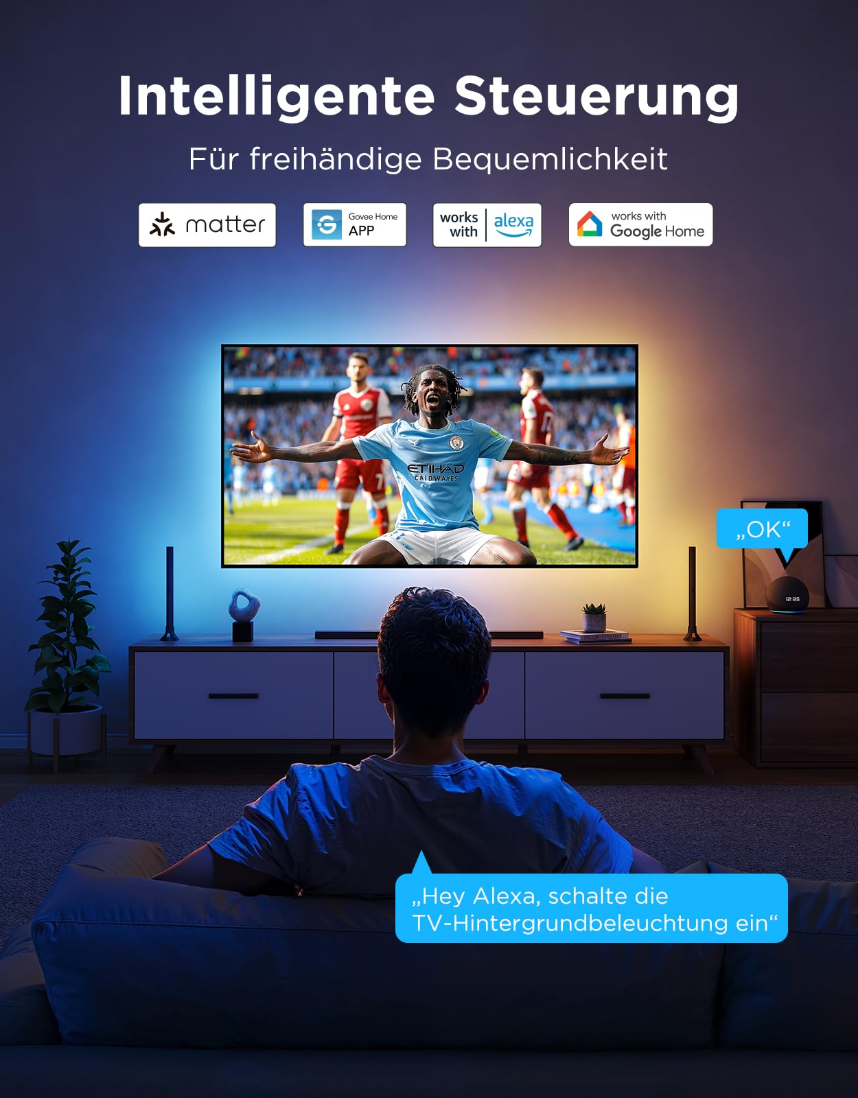 Govee TV LED Hintergrundbeleuchtung 2 Schneidbar für 32-70 Zoll TVs, RGBWIC 4,4m Streifen. 210+ Szenen, Matter-fähig, Musiksync, App-Steuerung, Alexa. Einfache DIY-Installation