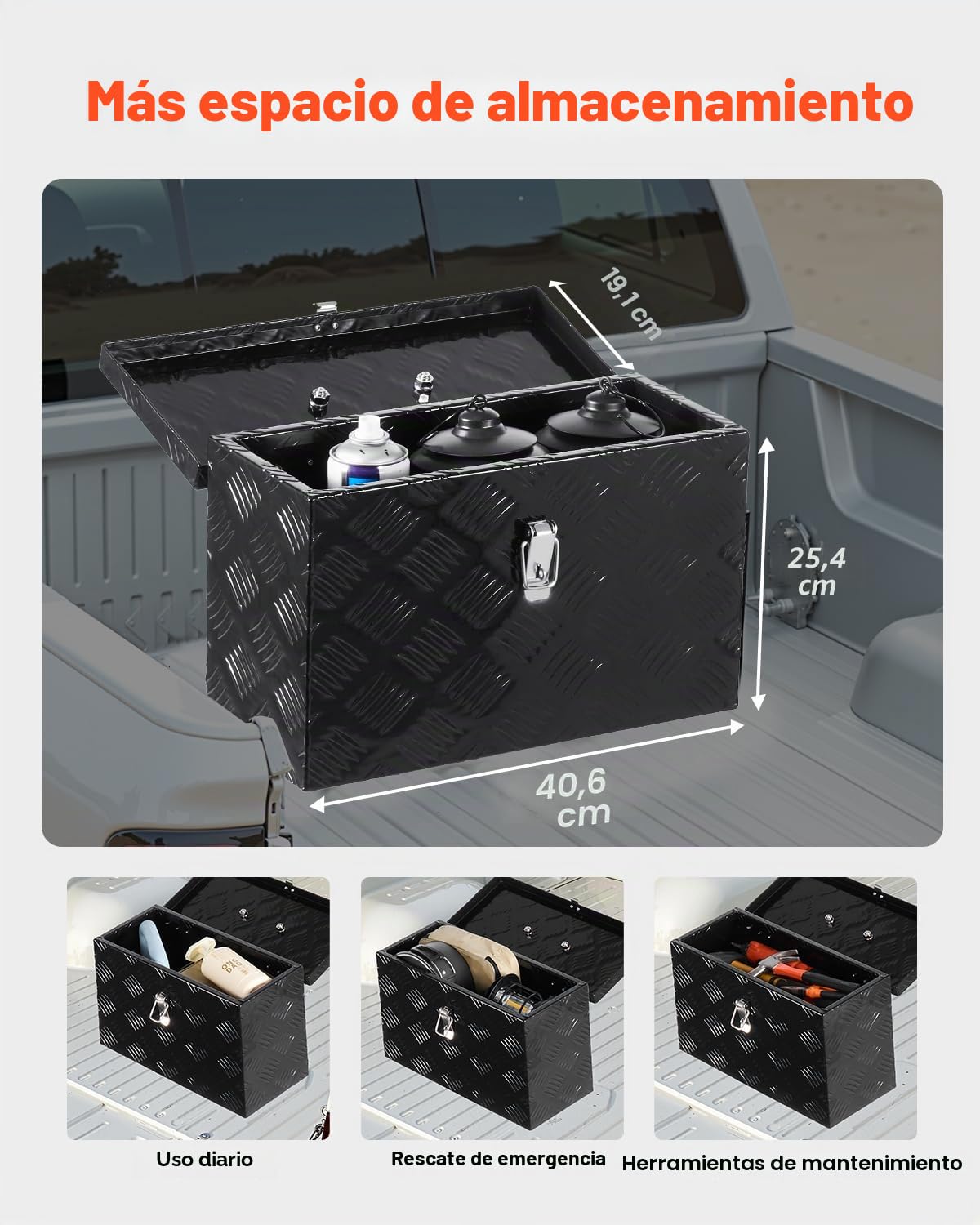 VEVOR Caja de Herramientas de Aluminio Resistente a Caja de Camioneta, con Diseño a Rayas, Asa Lateral y Superior, para Remolque, Camioneta, Autocaravana, 406 x 190 x 254 mm, Negro, Carga 20 kg