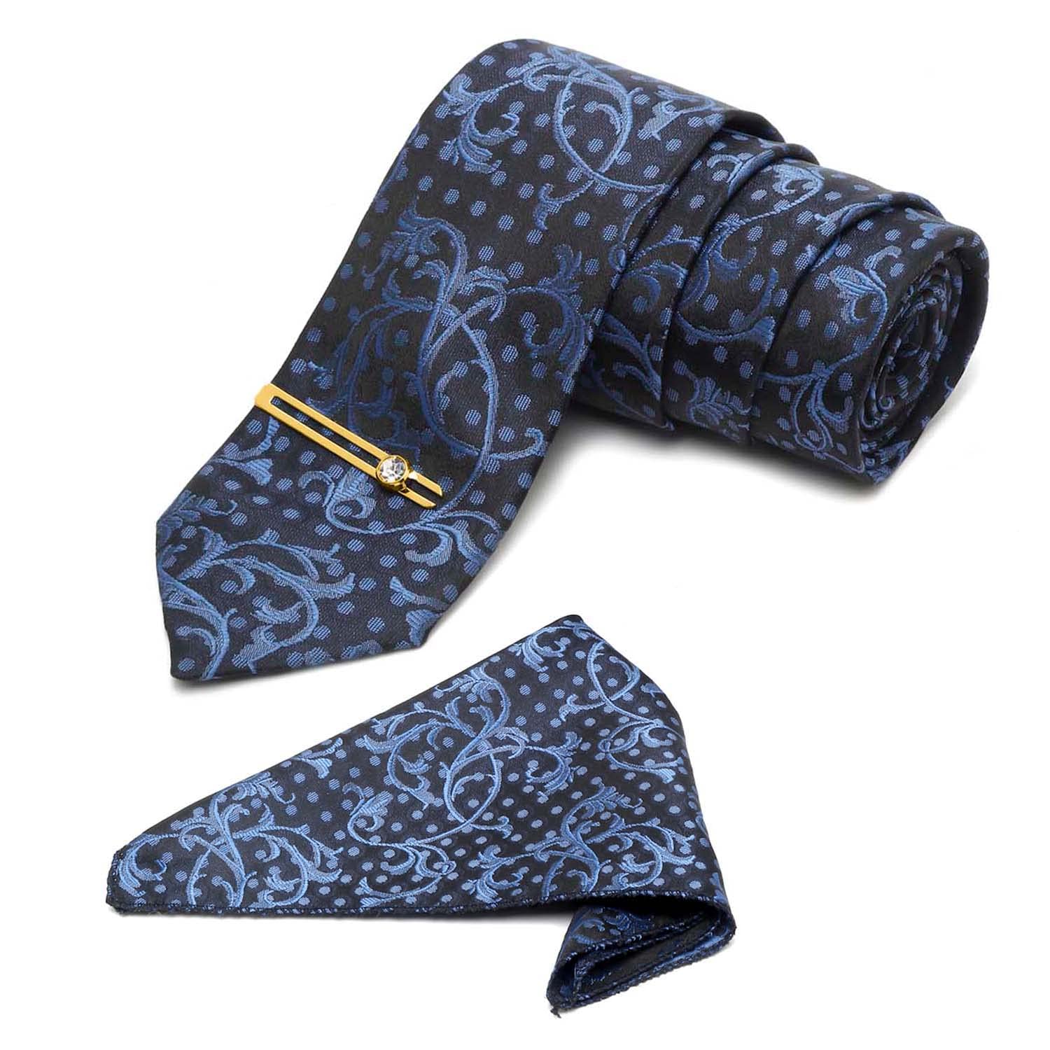 Mens Prussian Blue Italian Silk Necktie Set Incl Pocket Square Gold Tiepin American Style Formal Tie Gift Set for Men (LSTE-GP-BU032)-image-10