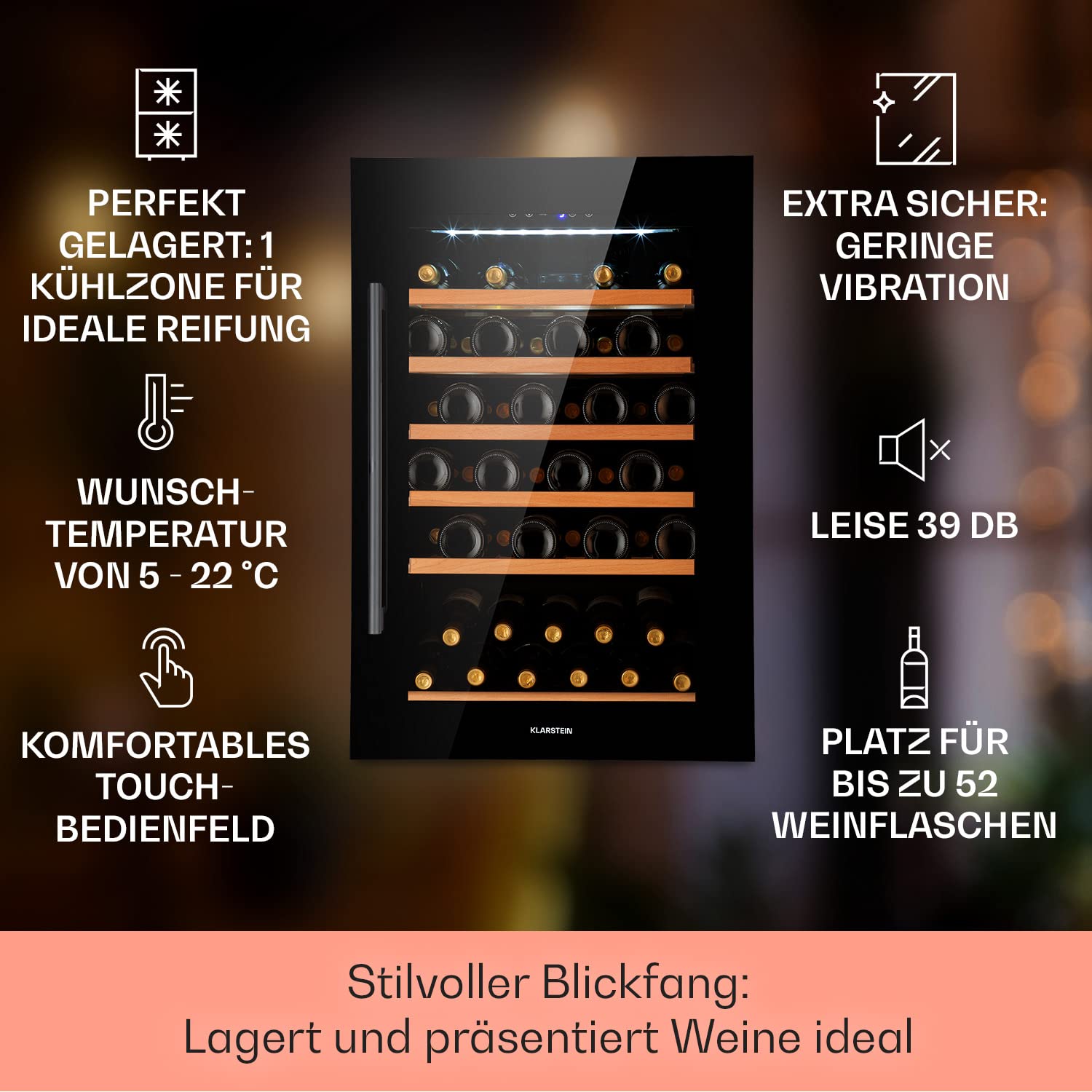 Klarstein Einbau-Weinkühlschrank, 137 L Getränkekühlschrank Schmal, 1 Zone Weinkühlschrank mit Glastür, Indoor/Outdoor Beersafe, Großer Kühlschrank, 5-22°C, 52 Flaschen