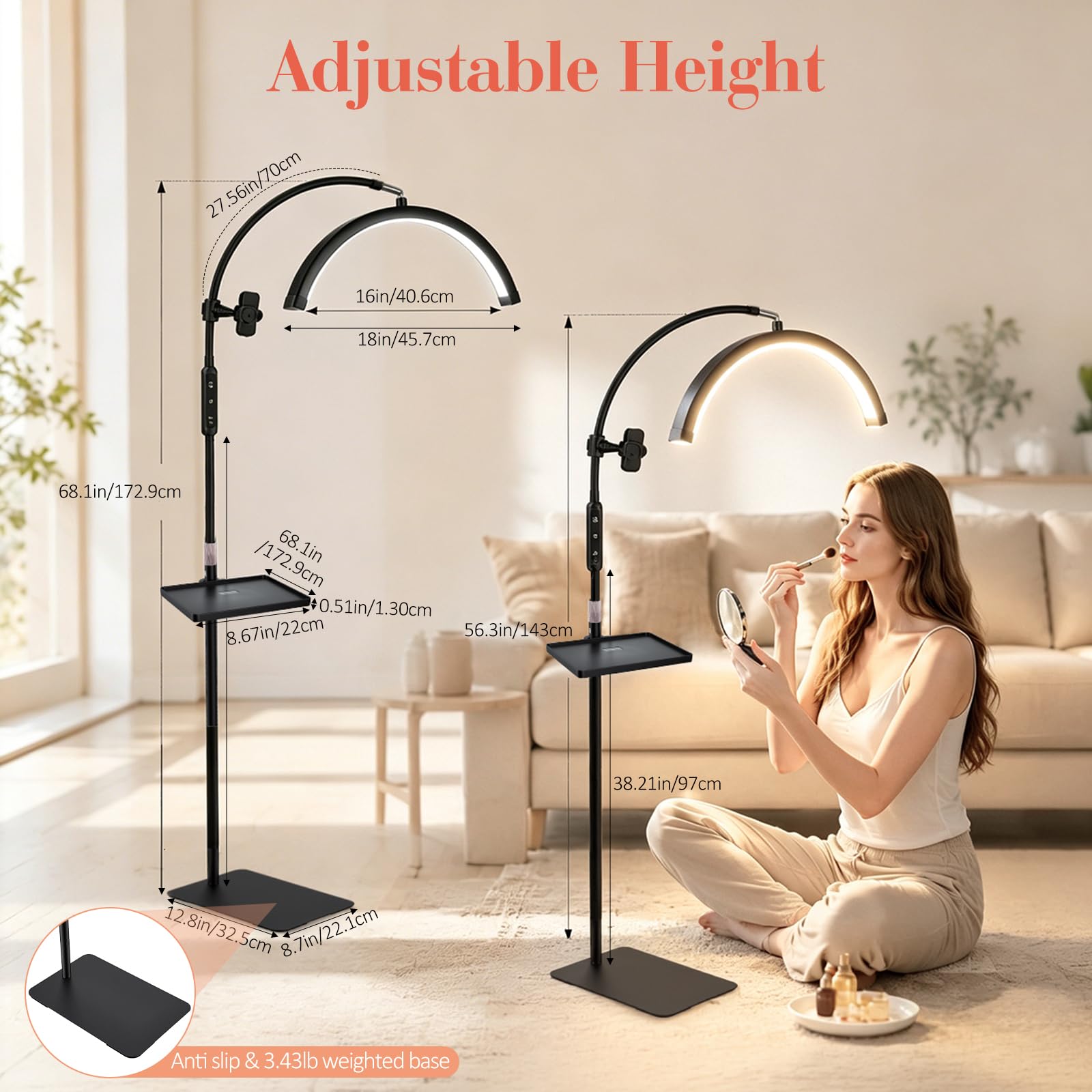 Lámpara LED de pestañas de media luna, giratoria 320° y 5 colores regulables, altura ajustable de 85 – 125 cm, CRI≥95, lámpara cosmética con control táctil para extensiones de pestañas