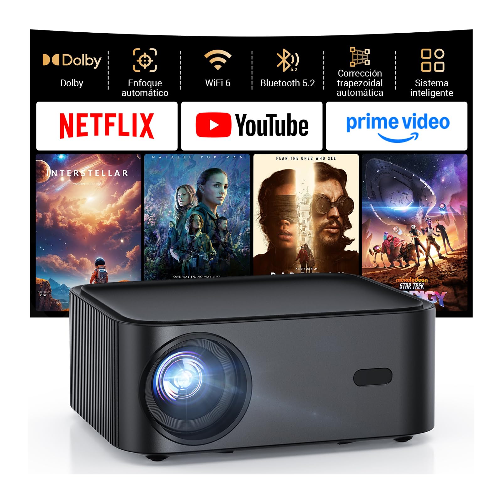 HAPPRUN Proyector 4K, Compatible con Netflix/1000 ANSI/Dolby Audio,FHD 1080P Nativo, WiFi 6 Bluetooth 5.2, Mini Projector Portátil para Cine en Casa y Dormitorio, Enfoque Automático Smart Proyectores