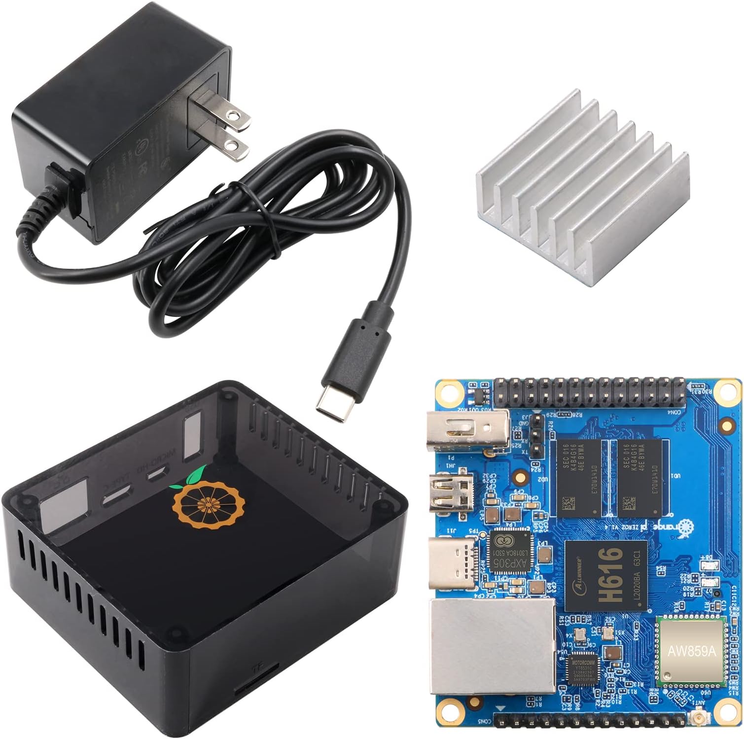 Orange Pi Zero 2, 1GB Allwinner H616 Quad Core 64bit Open Source 1000M Ethernet Single Board Computer, Compatible with Android 10, Ubuntu, Debian (Zero2+ Black Housing + Al Heatsink + Type-C Source)