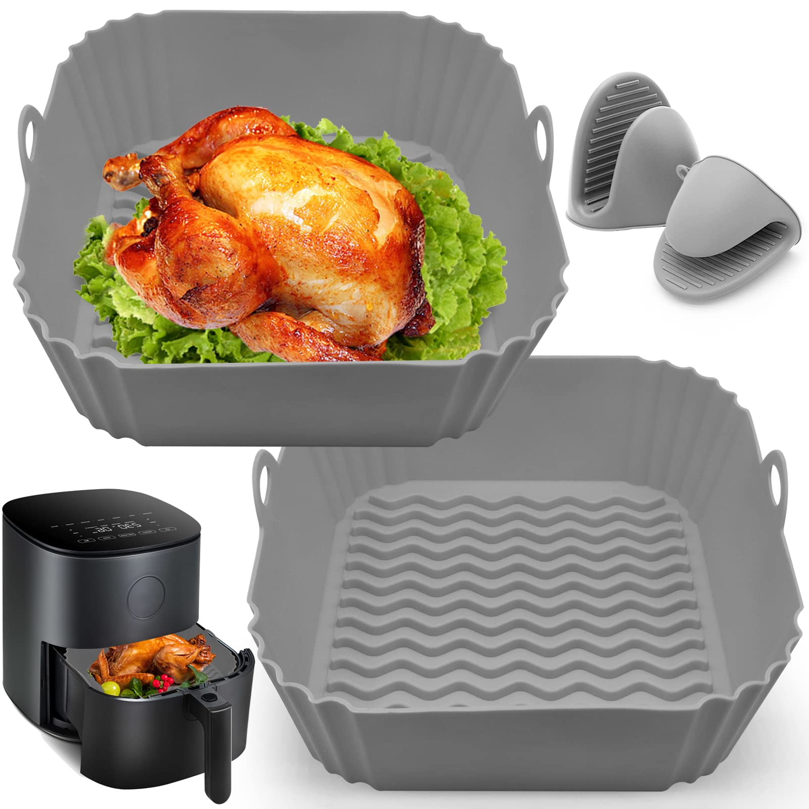Silicone Air Fryer Liners, 8'' Square 4 to 7 QT Reusable Heat Resistant Food Grade Airfryer Silicone Liners Inserts Baskets Bowl Accessories for COSORI Instant Vortex CHEFMAN Air Fryer Oven Microwave