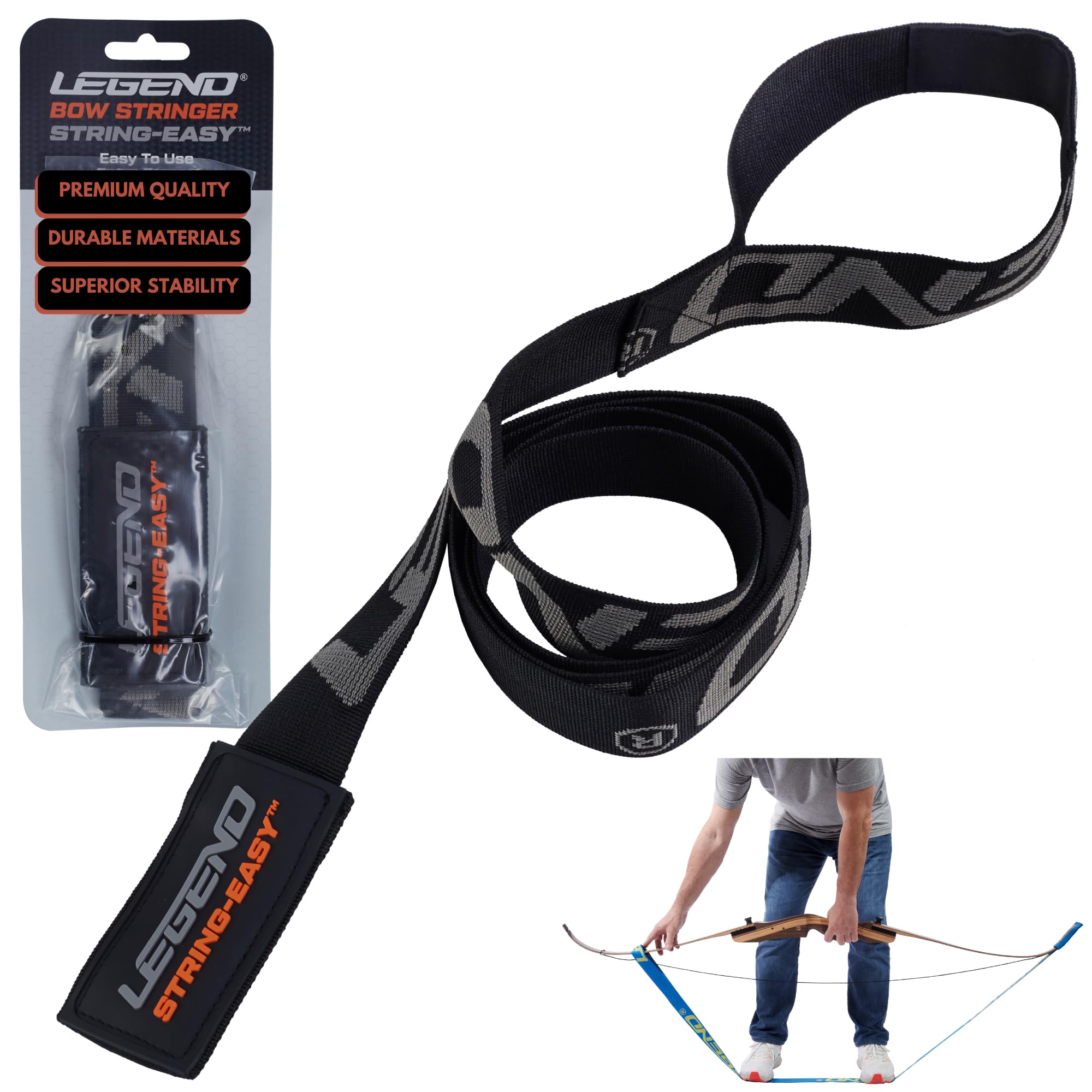 LegendString-Easy Bow Stringer - Archery Stringer for Longbows & Recurve Bows - Limb Tool with High Density, Durable Nylon - Non-Slip, Anti-Twist Bow String Tool - Bow Destringer Accessories