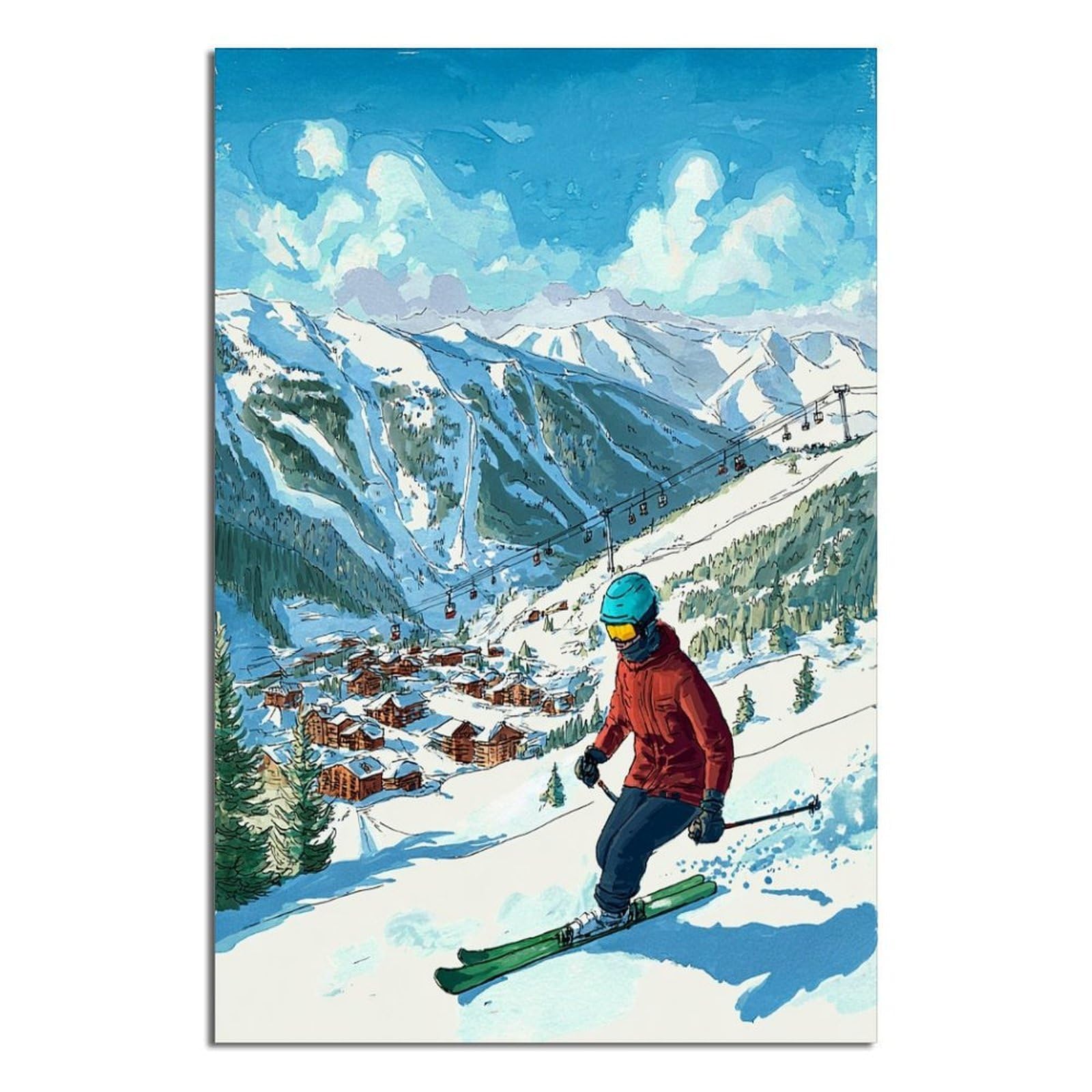 Meribel France Ski Poster 24x36inch(60x90cm) Vintage Watercolor Canvas Art