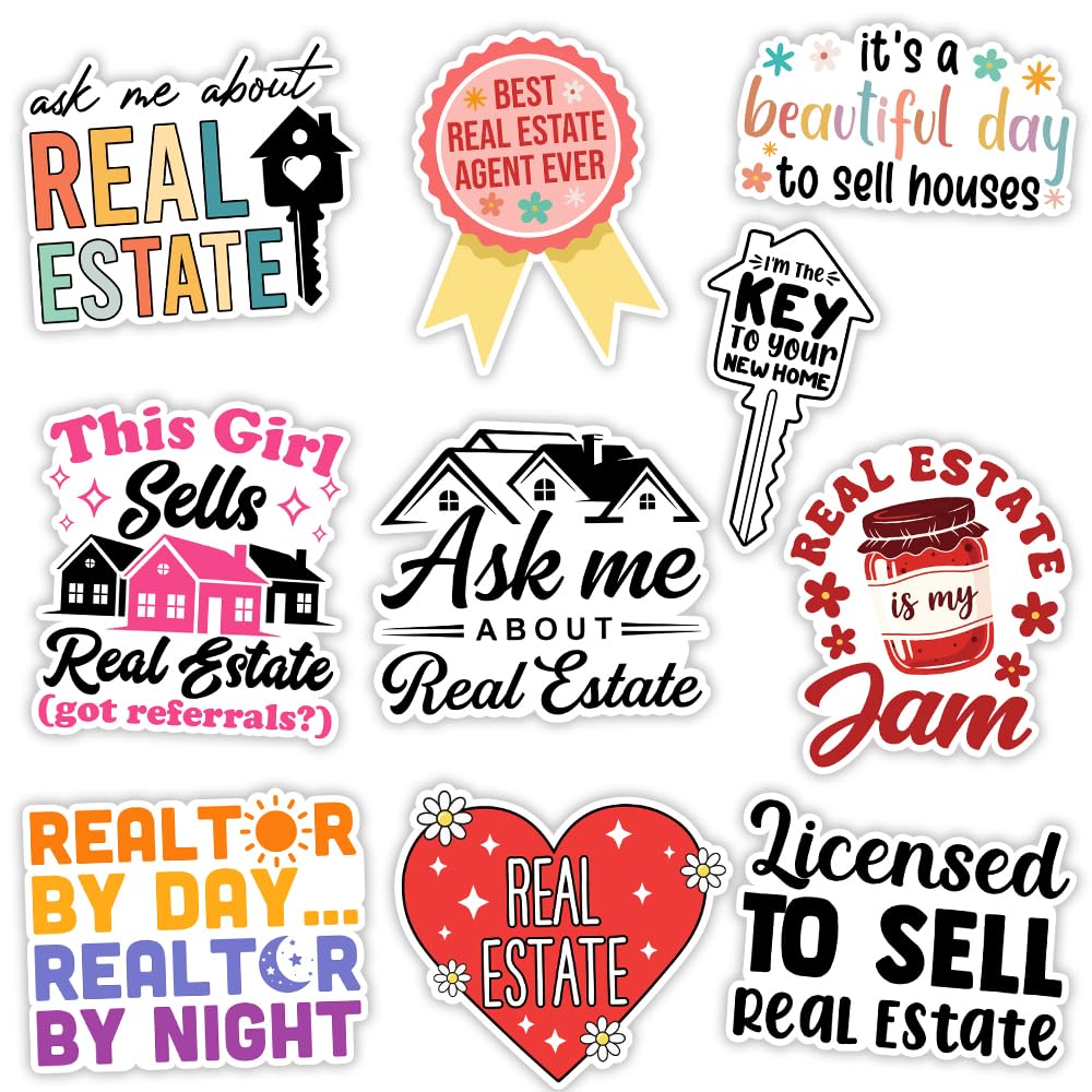 MAIANEY | Real Estate Stickers, Realtor Pack 10PCS, 3x3 inch, Funny Real Estate Agent Stickers, Waterproof Vinyl Sticker for Realtor Gifts, Housing Market, Laptop, Water Bottle, Accessories