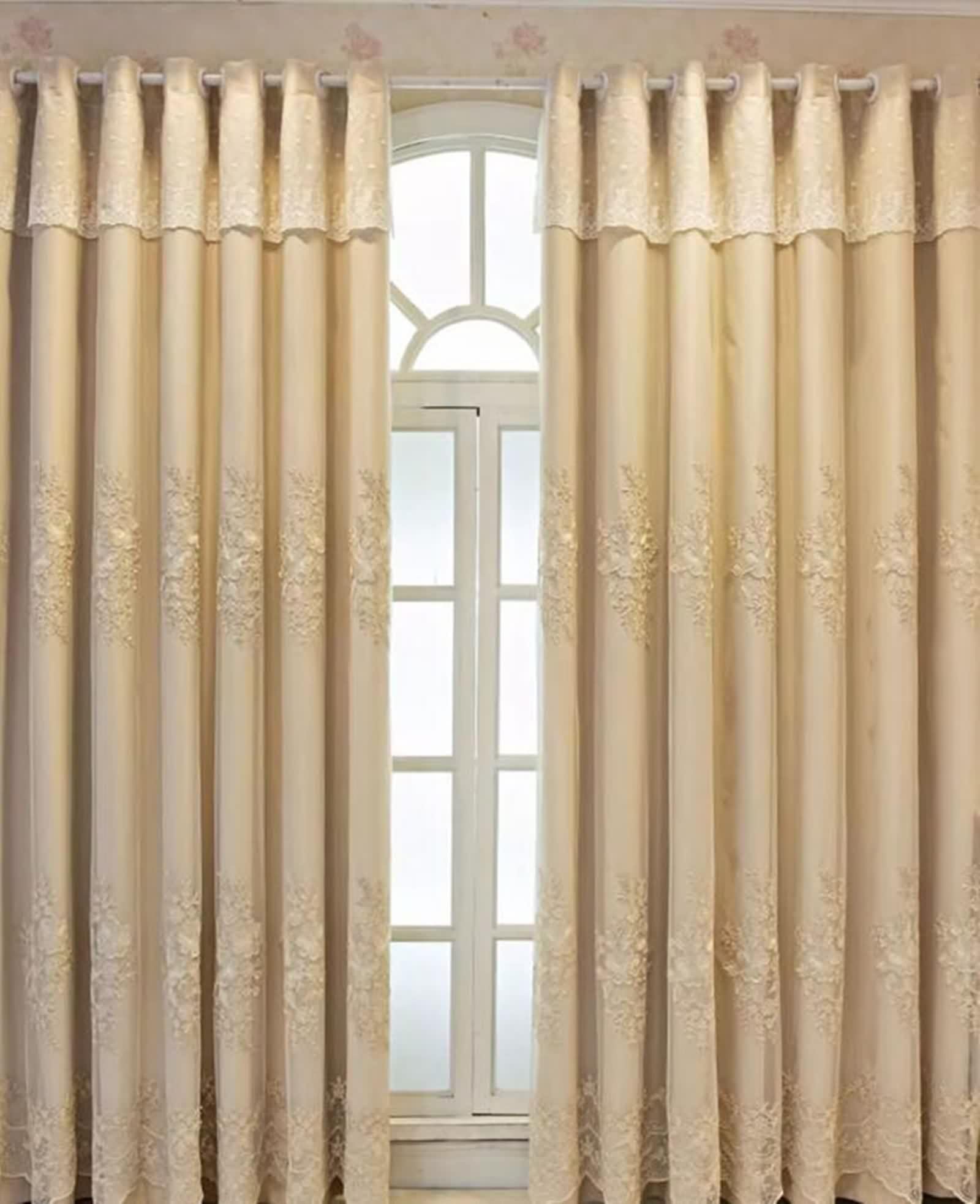Rideaux Fenetre Chambre Lot de 2, Rideau Beige Occultant Polyester Coton Broderie en Dentelle Double Couche LxH 107x138cm