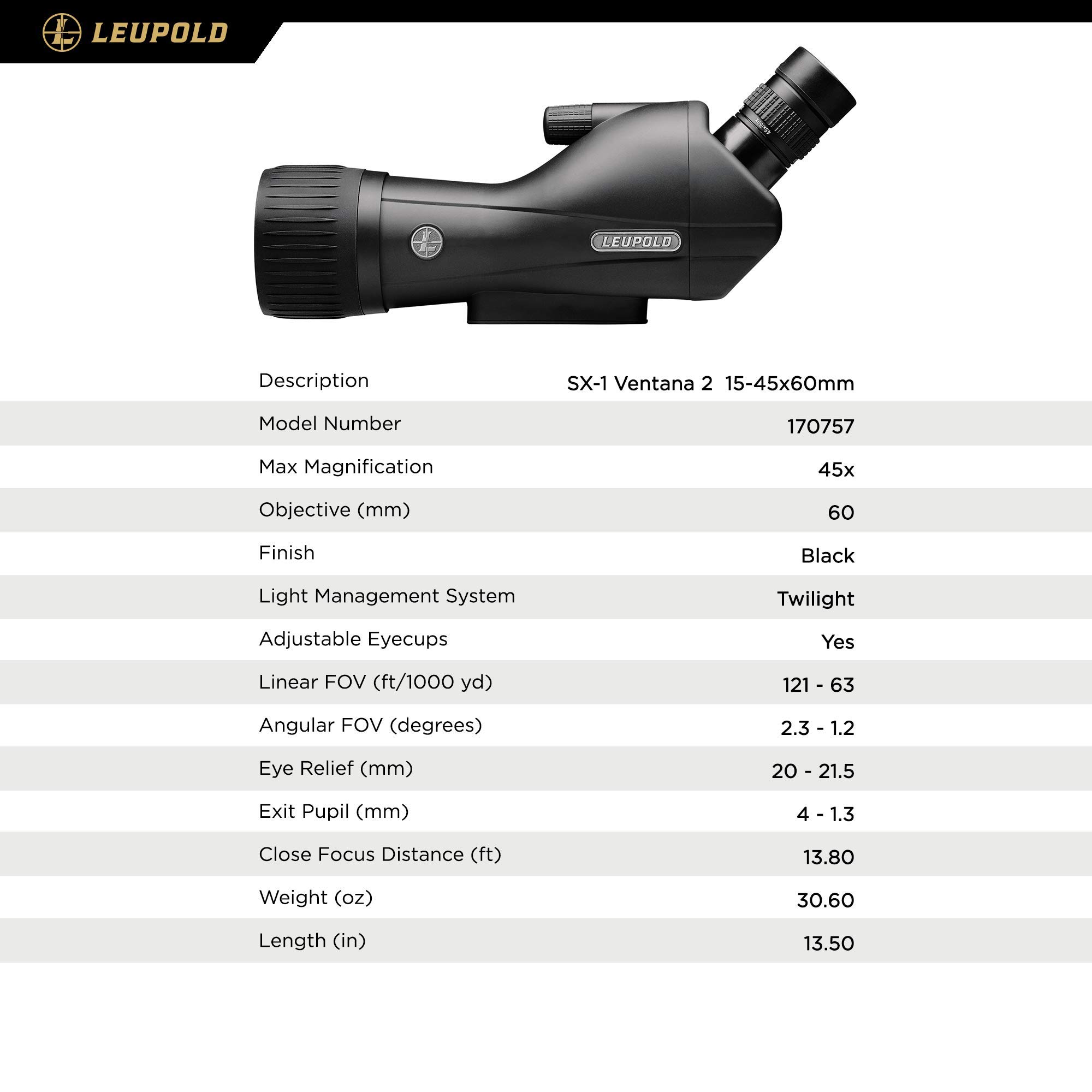 Leupold SX-1 Ventana 2 15-45x60mm Angled Spotting Scope Leupold SX-1 Ventana 2 15-45x60mm Angled Spotting Scope