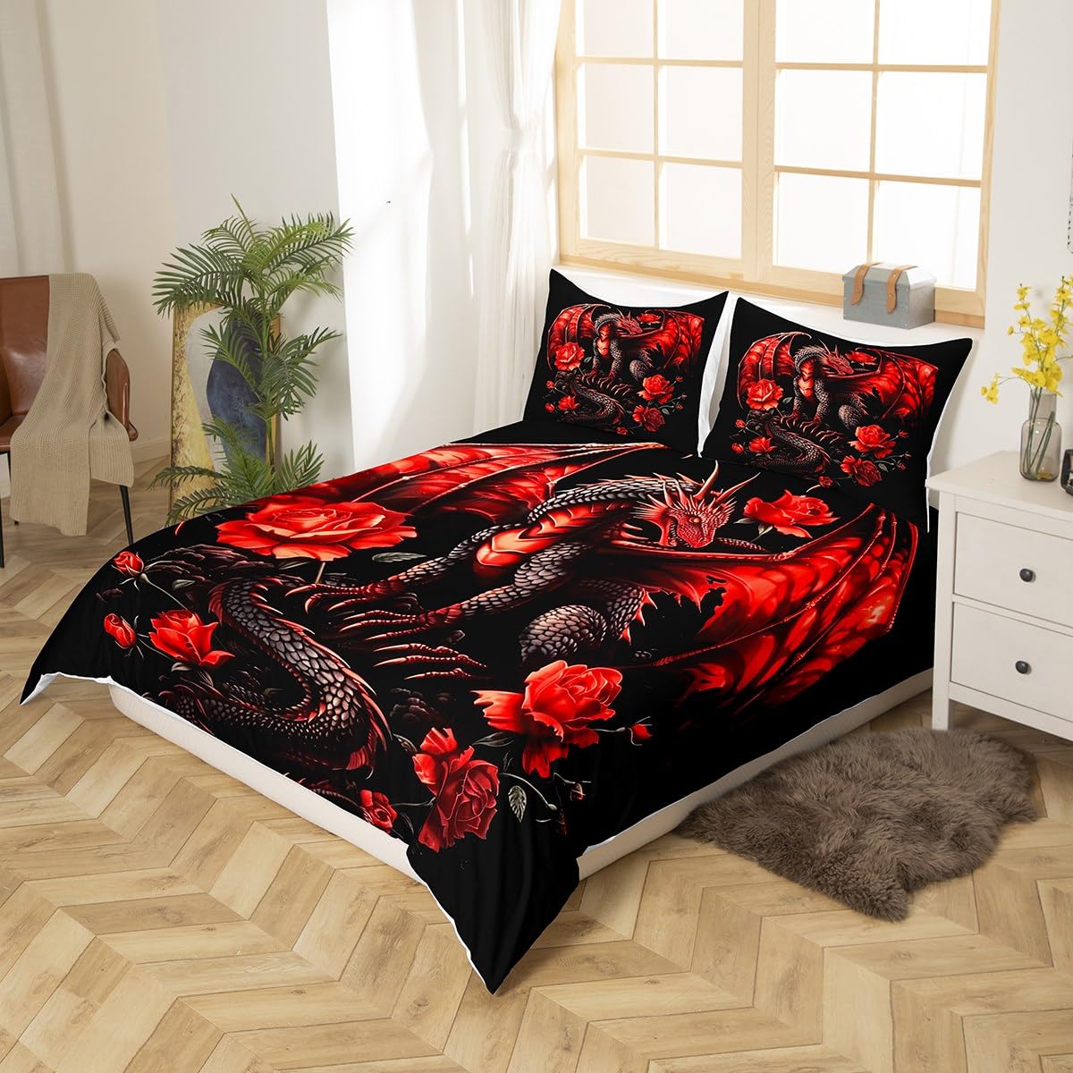 Homemissing Red Rose Dragon Duvet Cover Grey Black Dragon Teens Women Bedding Set for Kids Boys Girls Floral Flower Dragon Decor Comforter Cover Romantic Bedspread Cover 3Pcs Super King Size - Image 3
