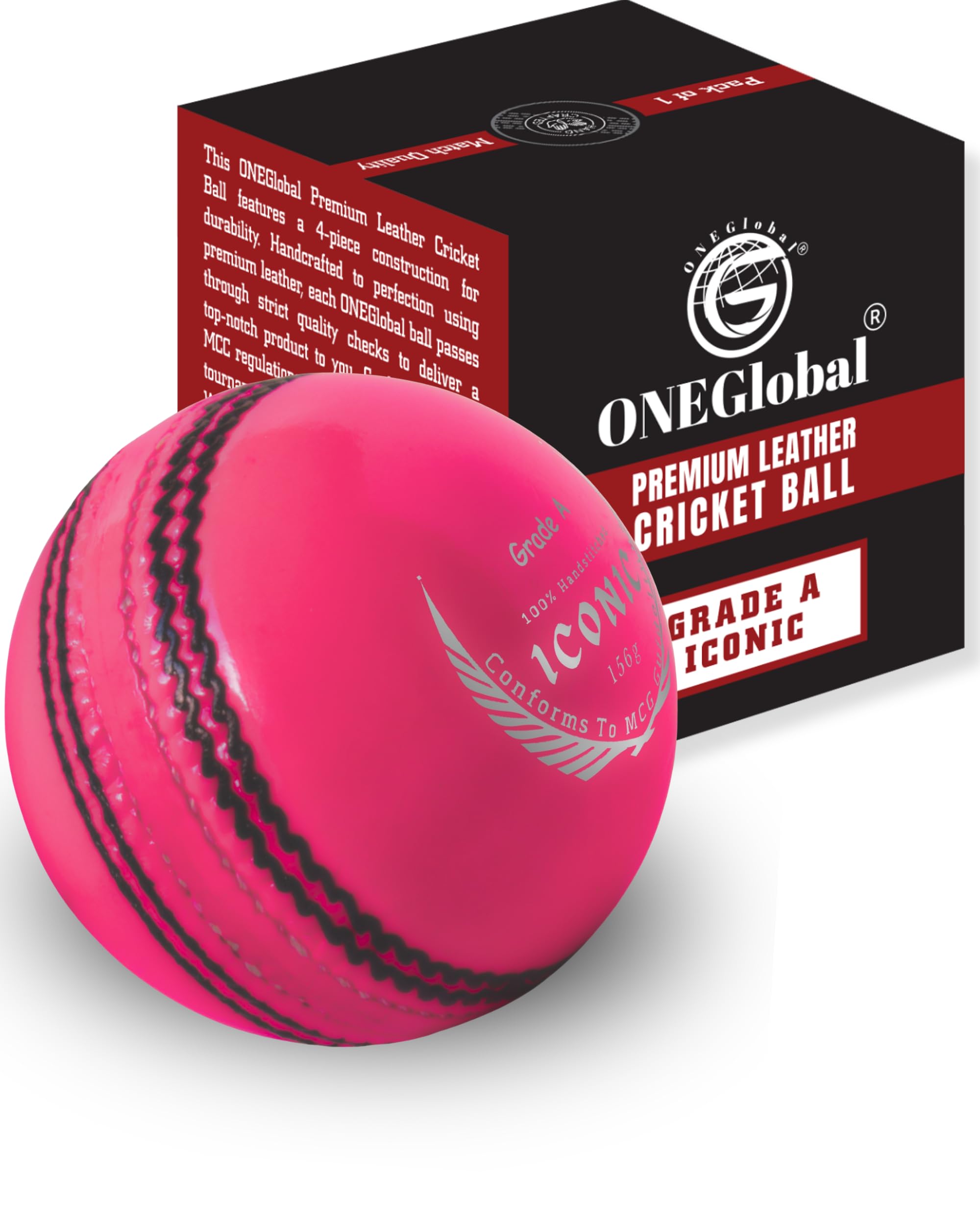 ONEGlobal Iconic Genuine Leather Cricket Ball | Leather Ball with Handstitched Seam | Match Quality Hard Balls for Club & League Matches (5.5oz Seniors, 1-Pink)