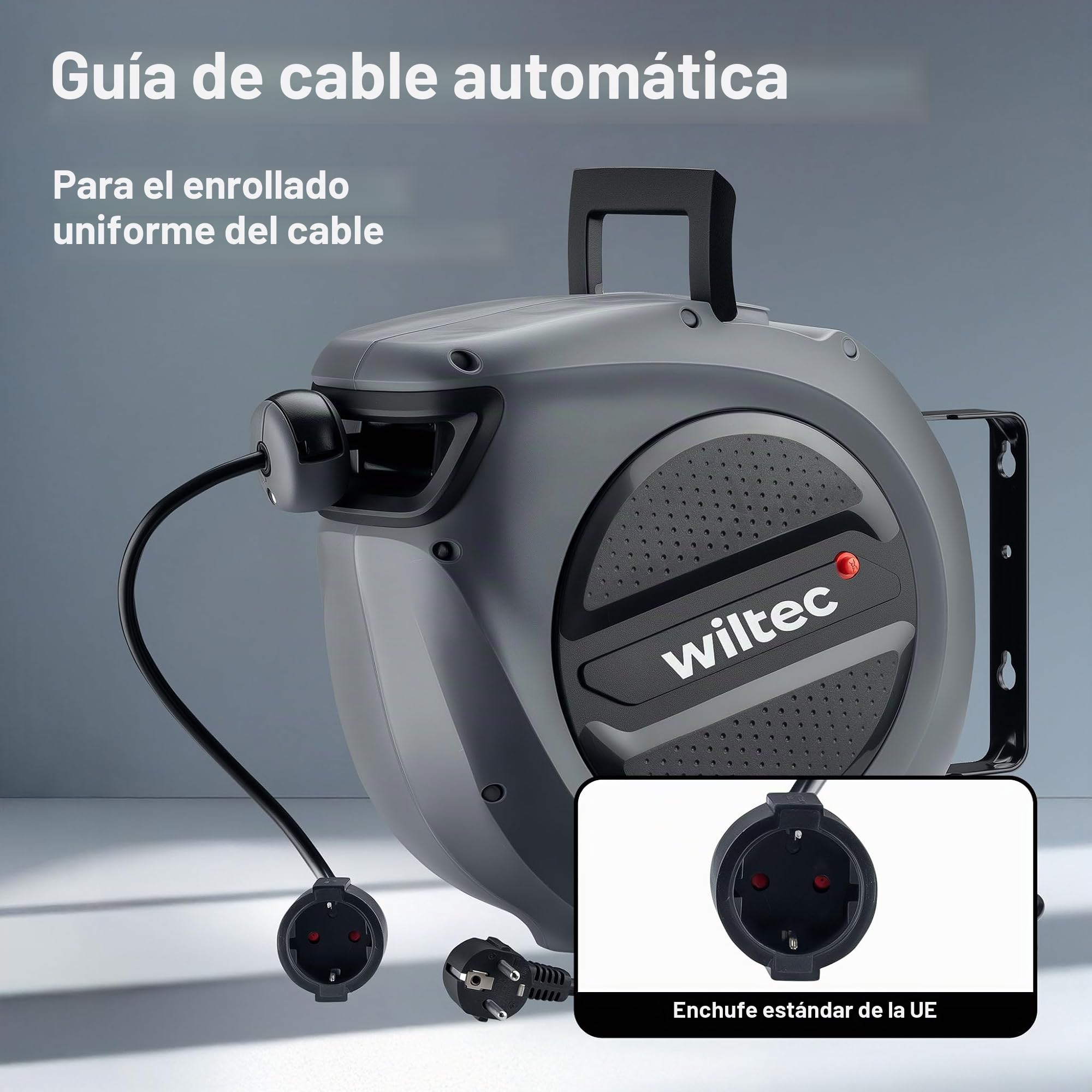 Wiltec Enrollador de cable eléctrico 15 m con corte térmico, soporte giratorio 180°, IP20, carcasa de PP, práctico y seguro para organizar cables.