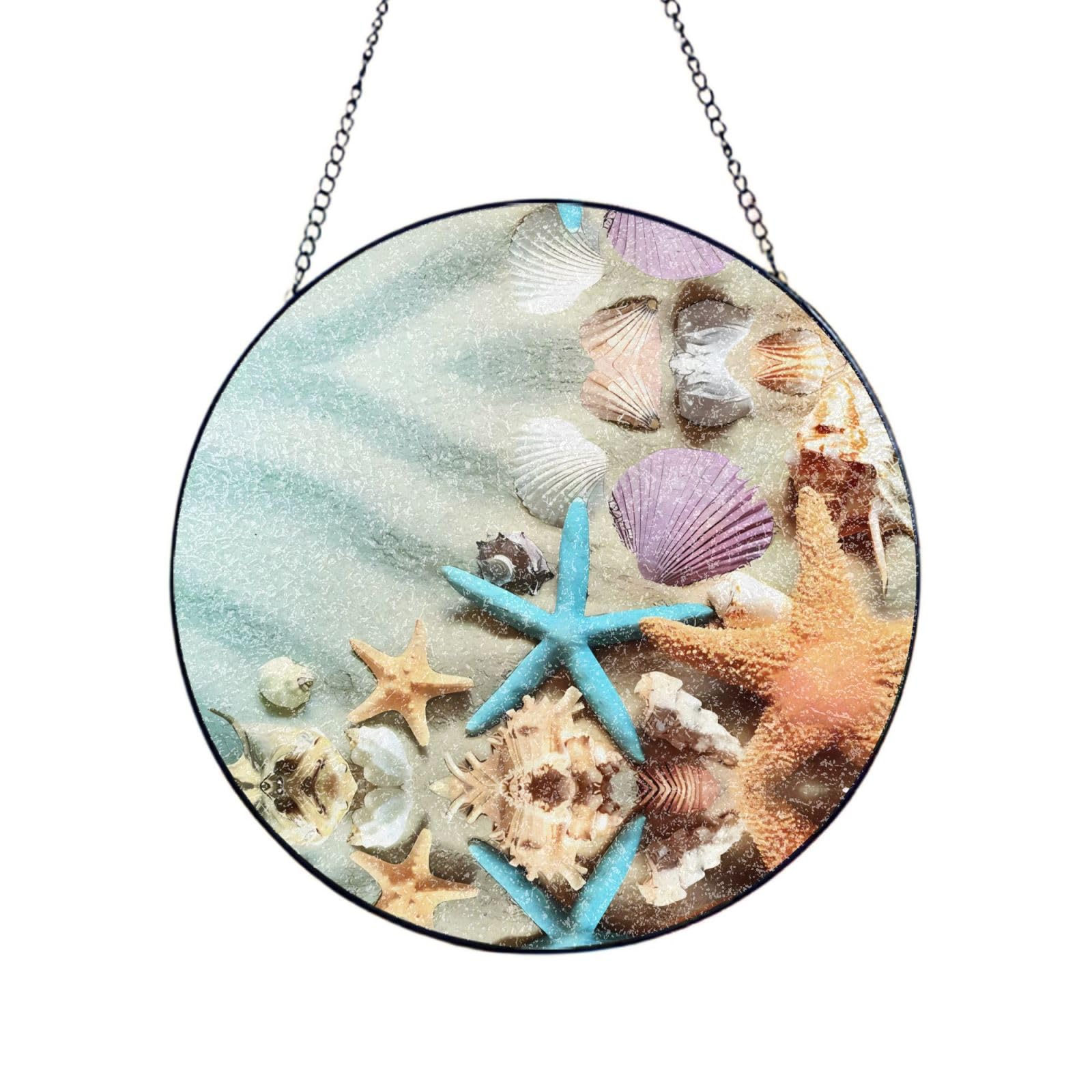 Phayah Seashells Starfish Print Stained Glass Window Hanging Suncatcher For Door Terrace Garden Home Decor Sun Catcher Birthday Gifts For Lovers Dad Mom 6in（15cm）