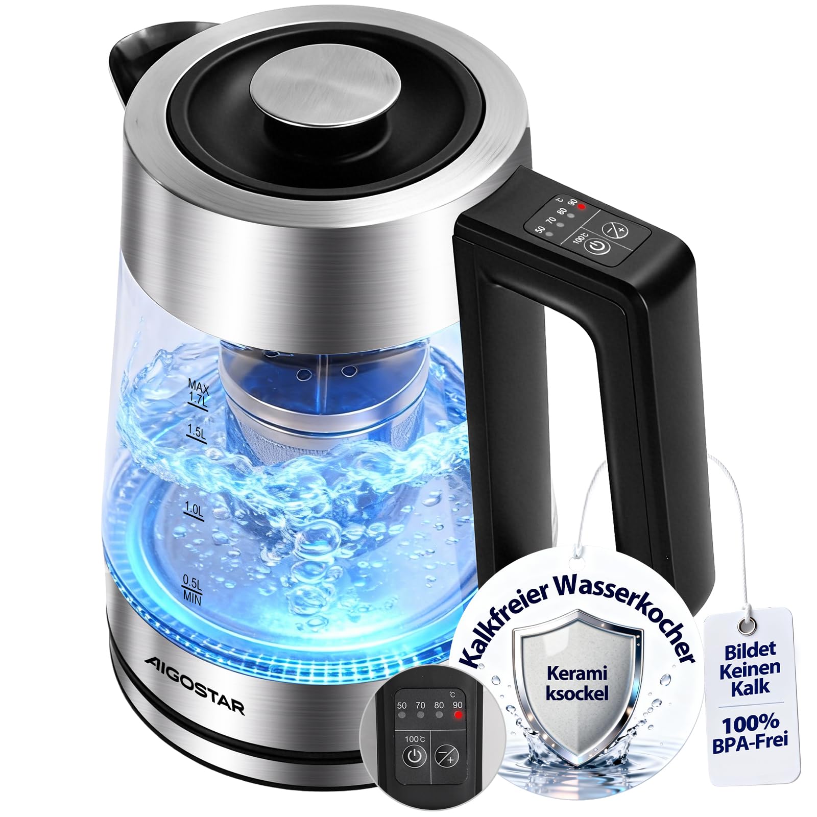 Aigostar Wasserkocher mit Temperatureinstellung, Edelstahl & Glas, BPA-frei | Keramikbeschichtung Kalkfrei Teemaschine, 1,7 Liter, 2200 Watt, Schnelles Kochen, Warmhaltefunktion, für Büro & Partys
