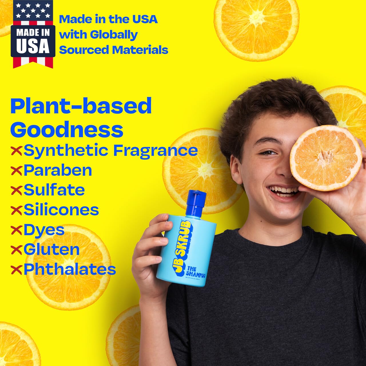 JB SKRUB Boys Shampoo for Kids, Tweens & Teens‚ Aloe Vera & Green Tea for Healthy Hair & Scalp‚ Sulfate-Free, Paraben-Free, Citrus Scent, 14 oz.