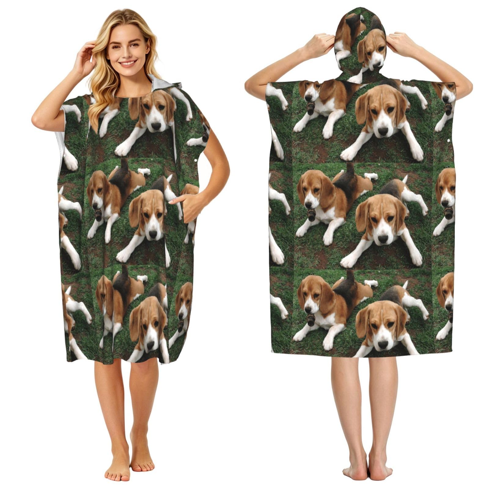 Poadnly Beagle Puppies, Adult Hooded Beach Towel 90 x 110 cm,Changing Bath Robe, Surf Poncho Towel For Women Men
